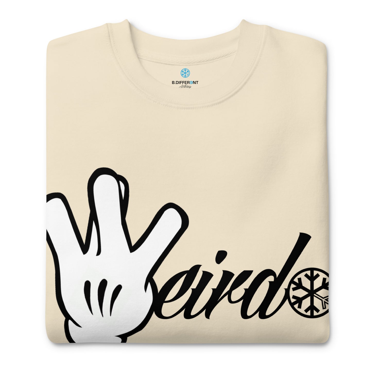Beige-Weirdo Hand Sign Sweatshirt from B.Different Clothing, folded, graffiti-inspired streetwear