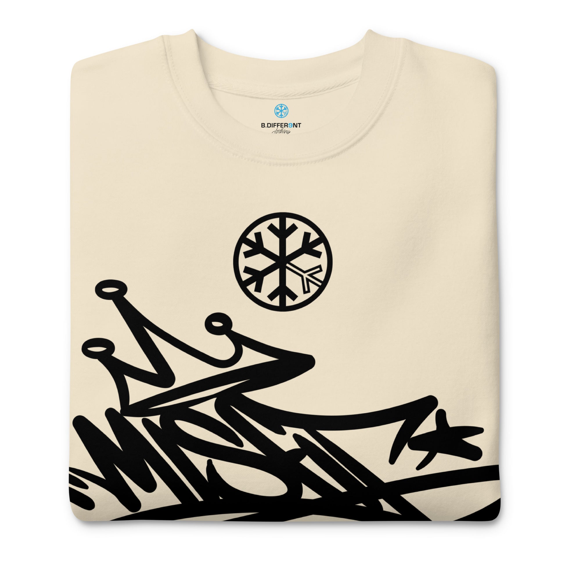 Beige-Misfit Graffiti Tag Sweatshirt from B.Different Clothing, folded, graffiti-inspired streetwear