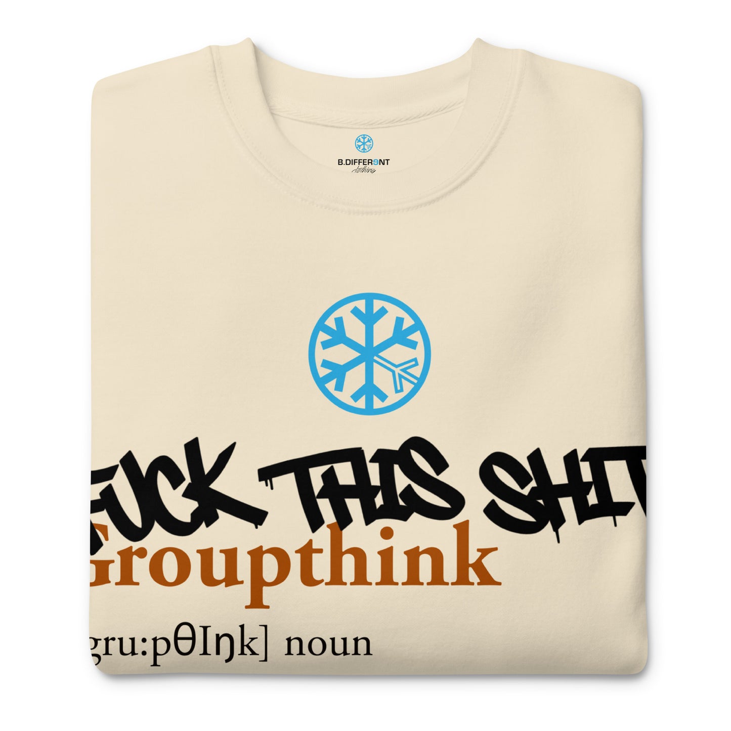 Beige-Groupthink Graffiti Sweatshirt from B.Different Clothing, folded, graffiti-inspired streetwear