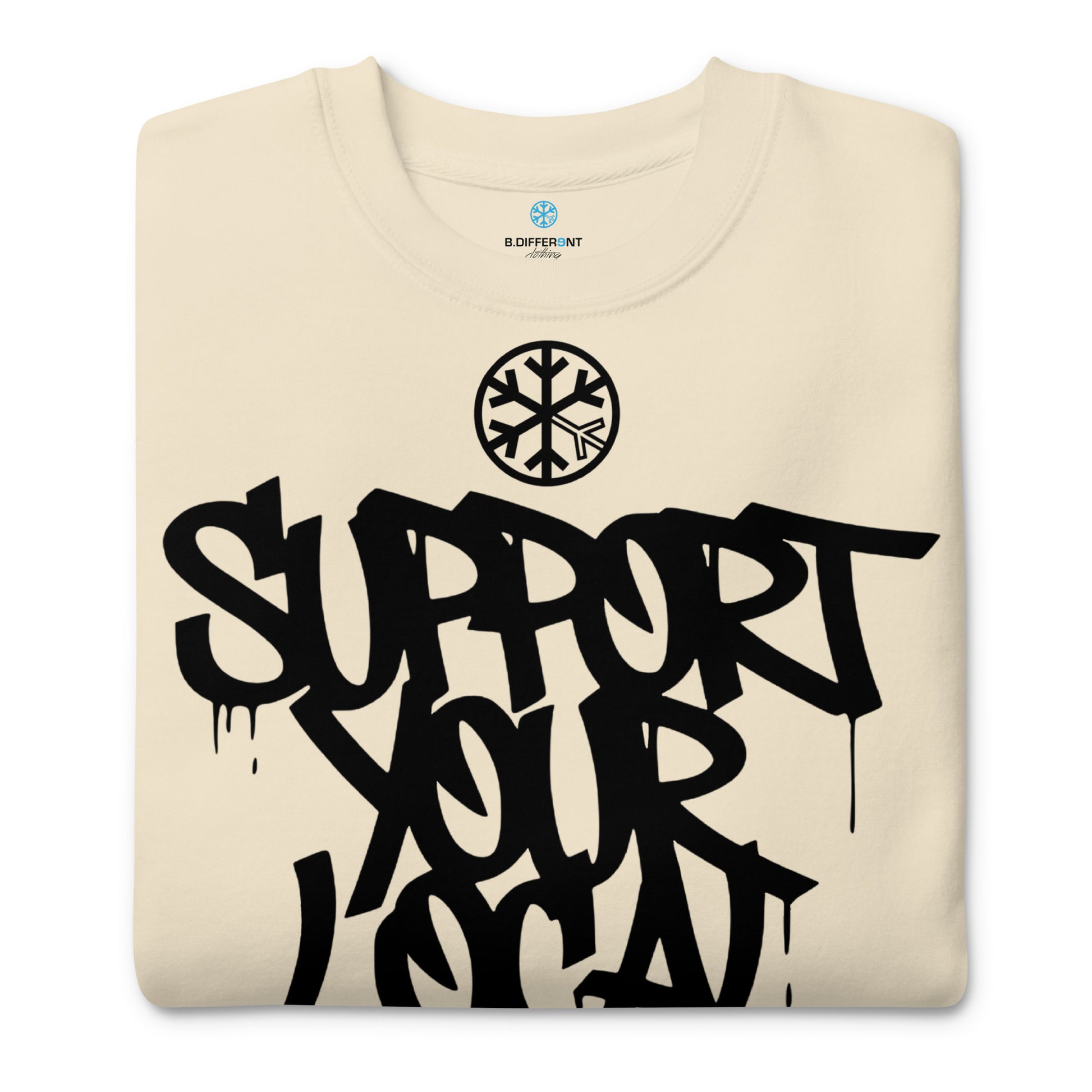 Beige-Support Your Local Graffiti Artists Sweatshirt from B.Different Clothing, folded, graffiti-inspired streetwear