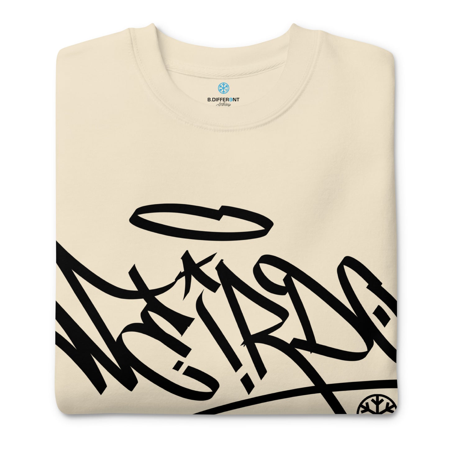 Beige-Weirdo Tag Graffiti Sweatshirt from B.Different Clothing, folded, graffiti-inspired streetwear