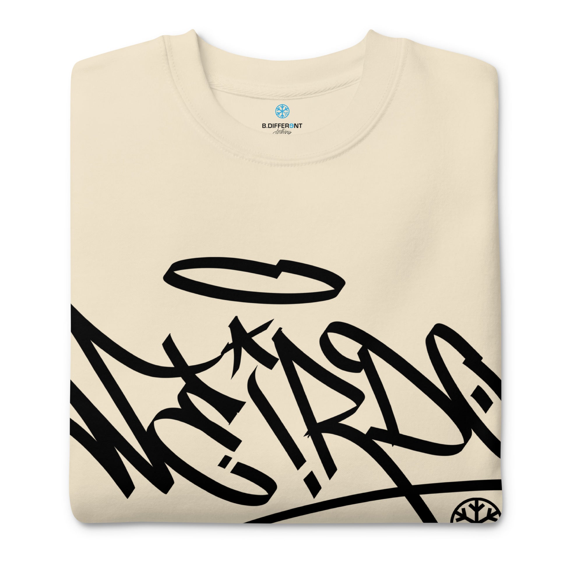 Beige-Weirdo Tag Graffiti Sweatshirt from B.Different Clothing, folded, graffiti-inspired streetwear