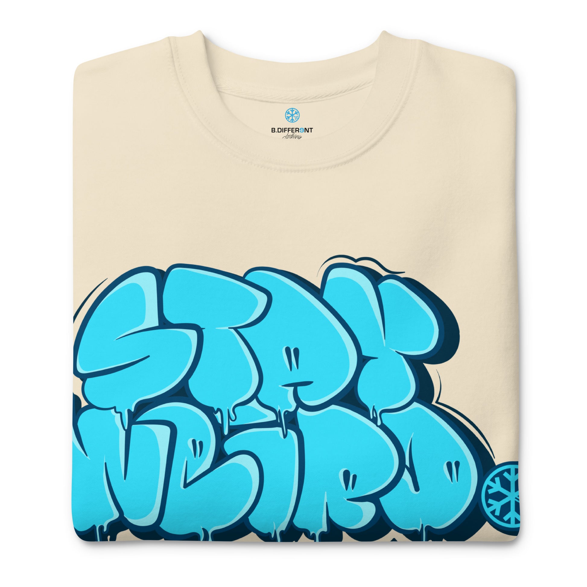 Beige-Stay Weird Graffiti Throw-up Sweatshirt from B.Different Clothing, folded, graffiti-inspired streetwear