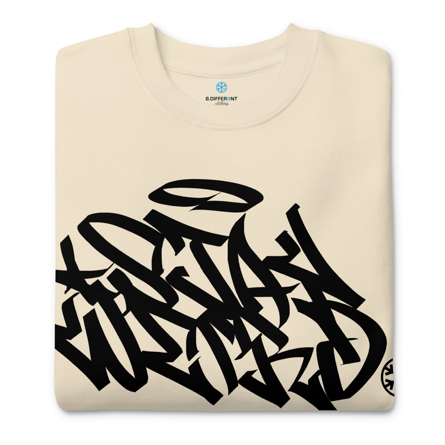 Beige-Stay Weird Graffiti Tag Sweatshirt from B.Different Clothing, folded, graffiti-inspired streetwear