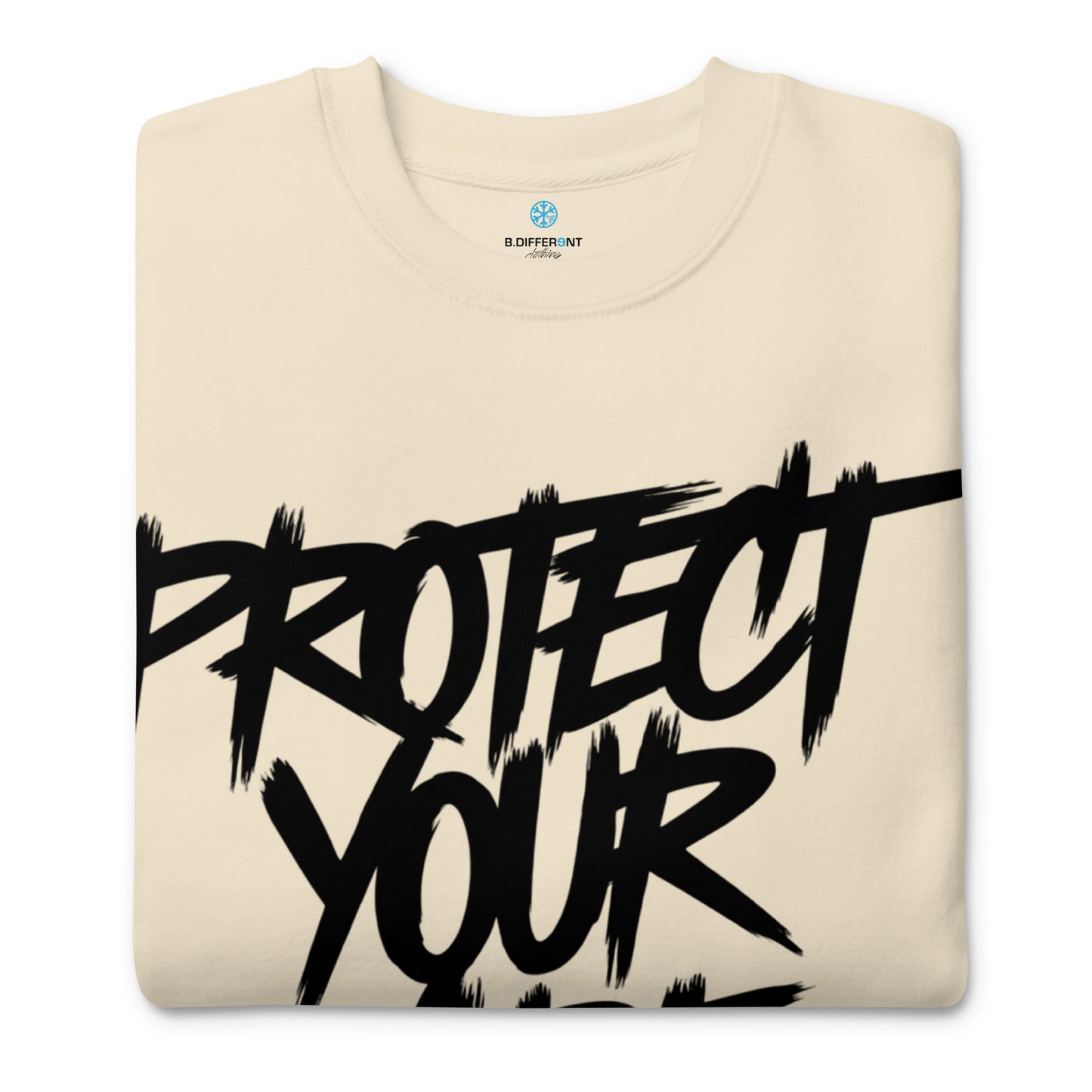 Beige-Protect Your Vibe Graffiti Tag Sweatshirt from B.Different Clothing, folded, graffiti-inspired streetwear