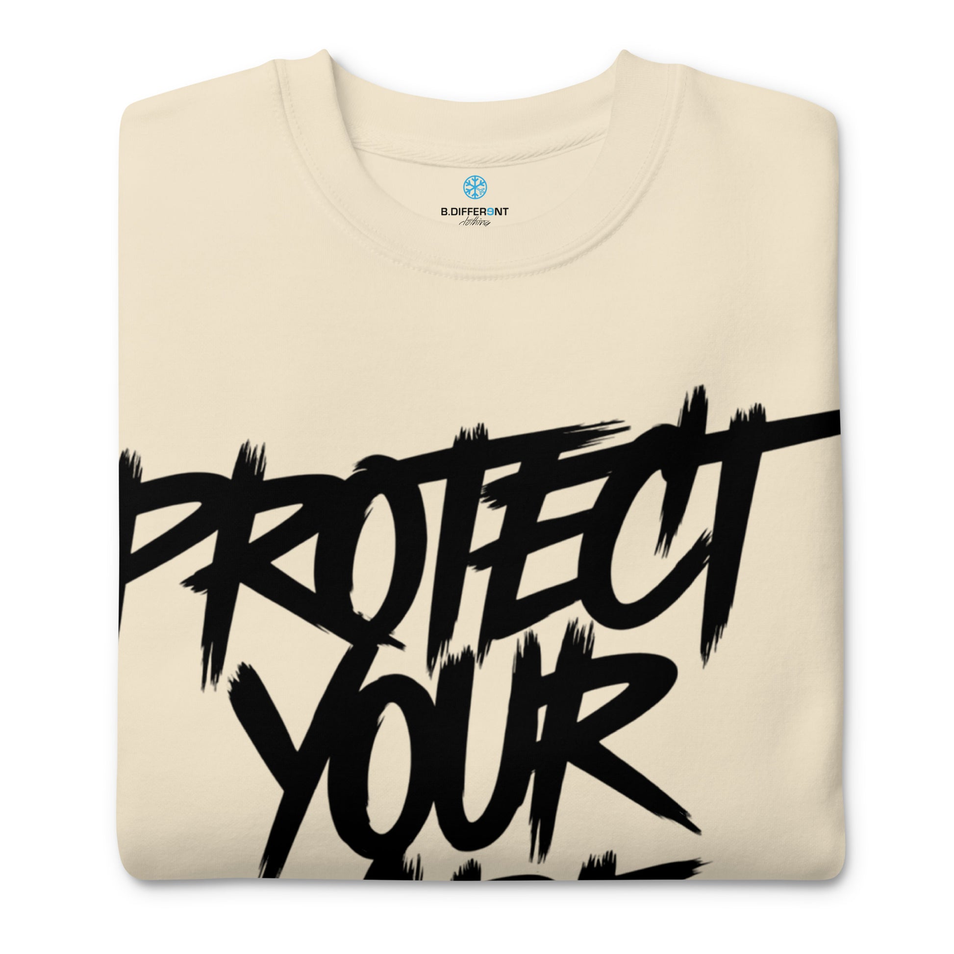 Beige-Protect Your Vibe Graffiti Tag Sweatshirt from B.Different Clothing, folded, graffiti-inspired streetwear