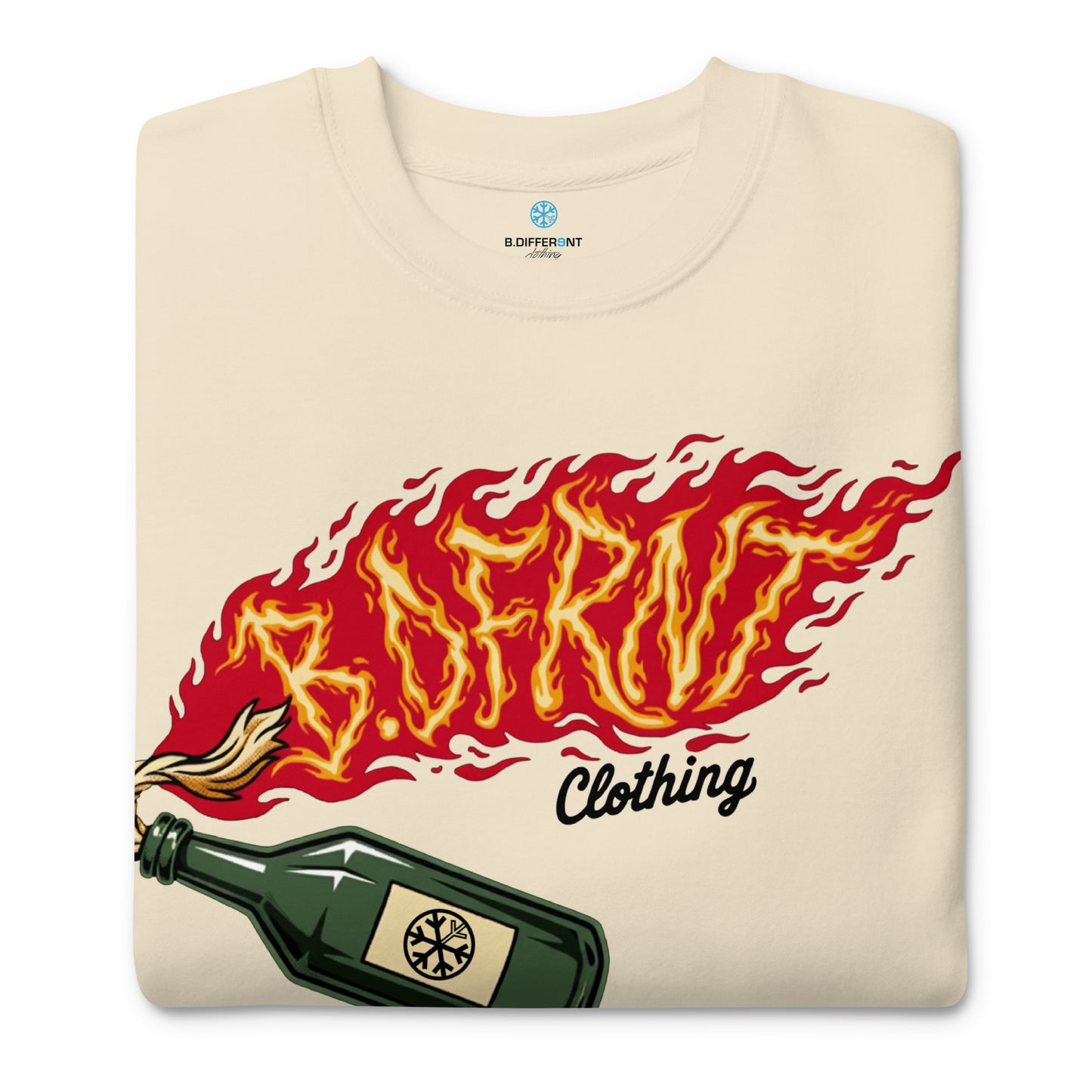 Beige-Molotov Graffiti Sweatshirt from B.Different Clothing, folded, graffiti-inspired streetwear
