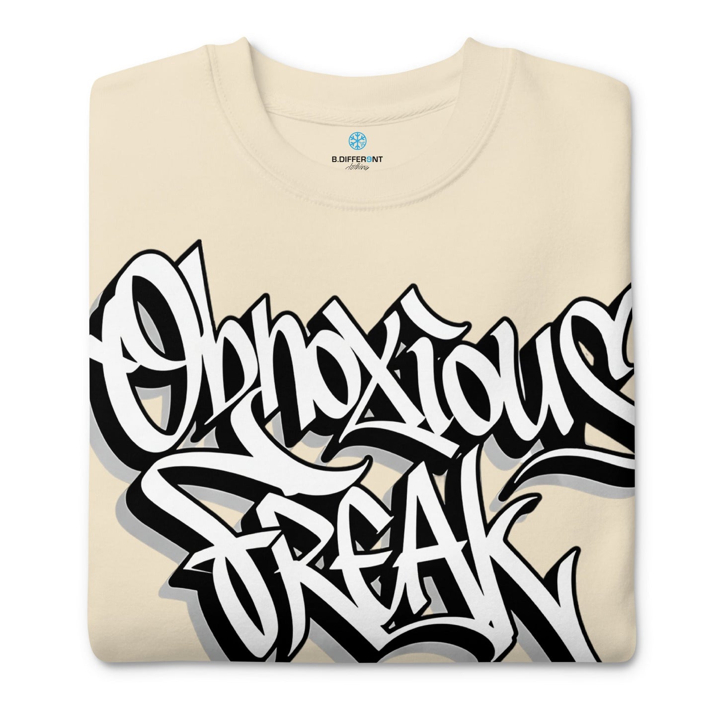 Beige-Obnoxious Freak Graffiti Sweatshirt from B.Different Clothing, folded, graffiti-inspired streetwear