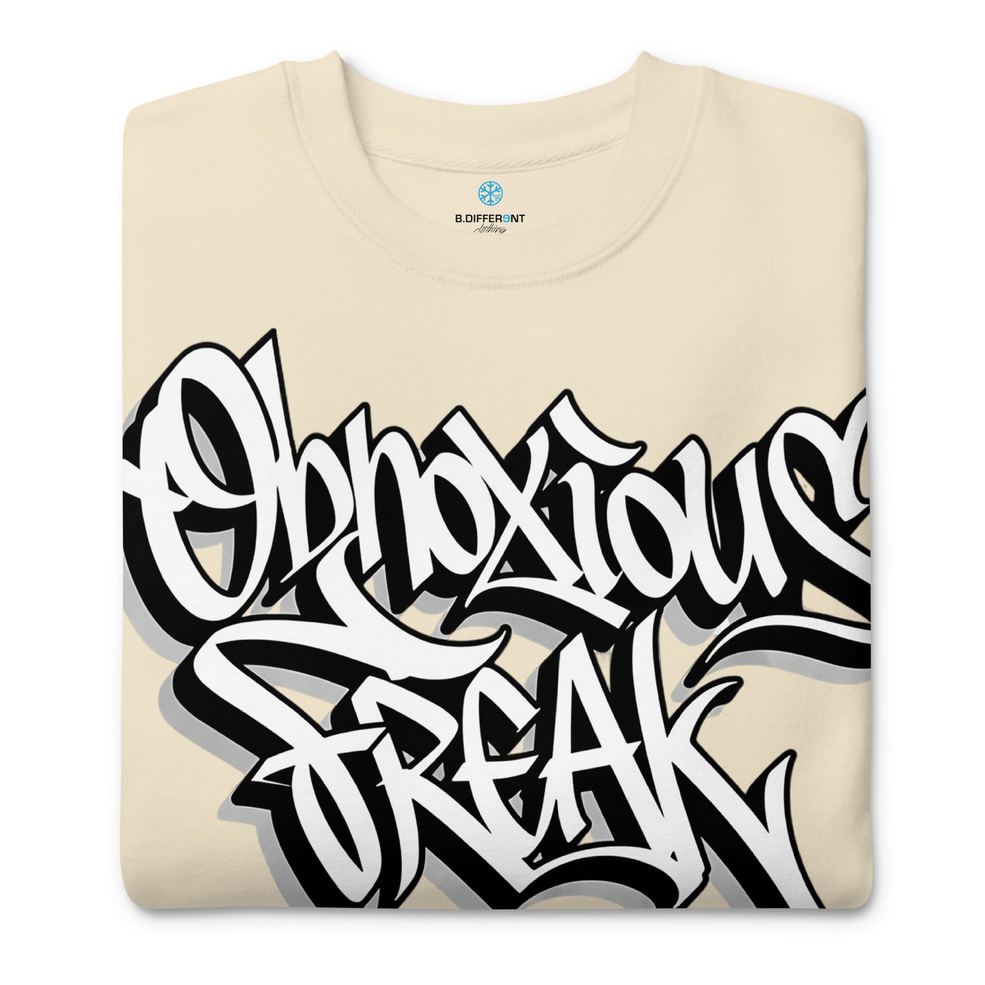 Beige-Obnoxious Freak Graffiti Sweatshirt from B.Different Clothing, folded, graffiti-inspired streetwear