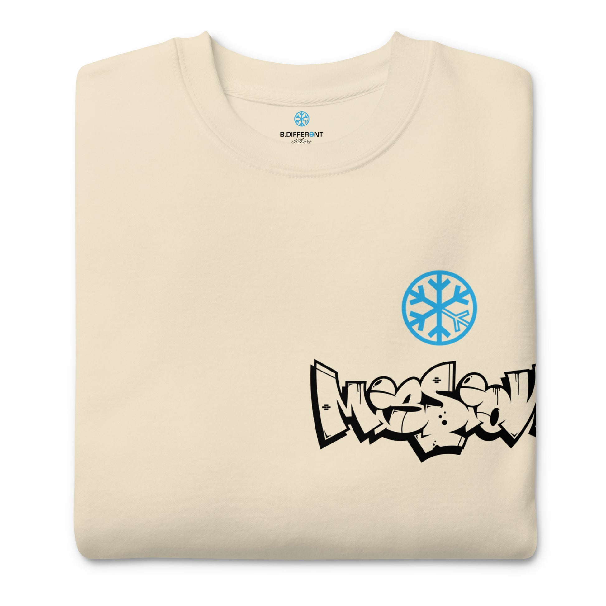 Beige-Mission Graffiti Character Sweatshirt from B.Different Clothing, folded, graffiti-inspired streetwear
