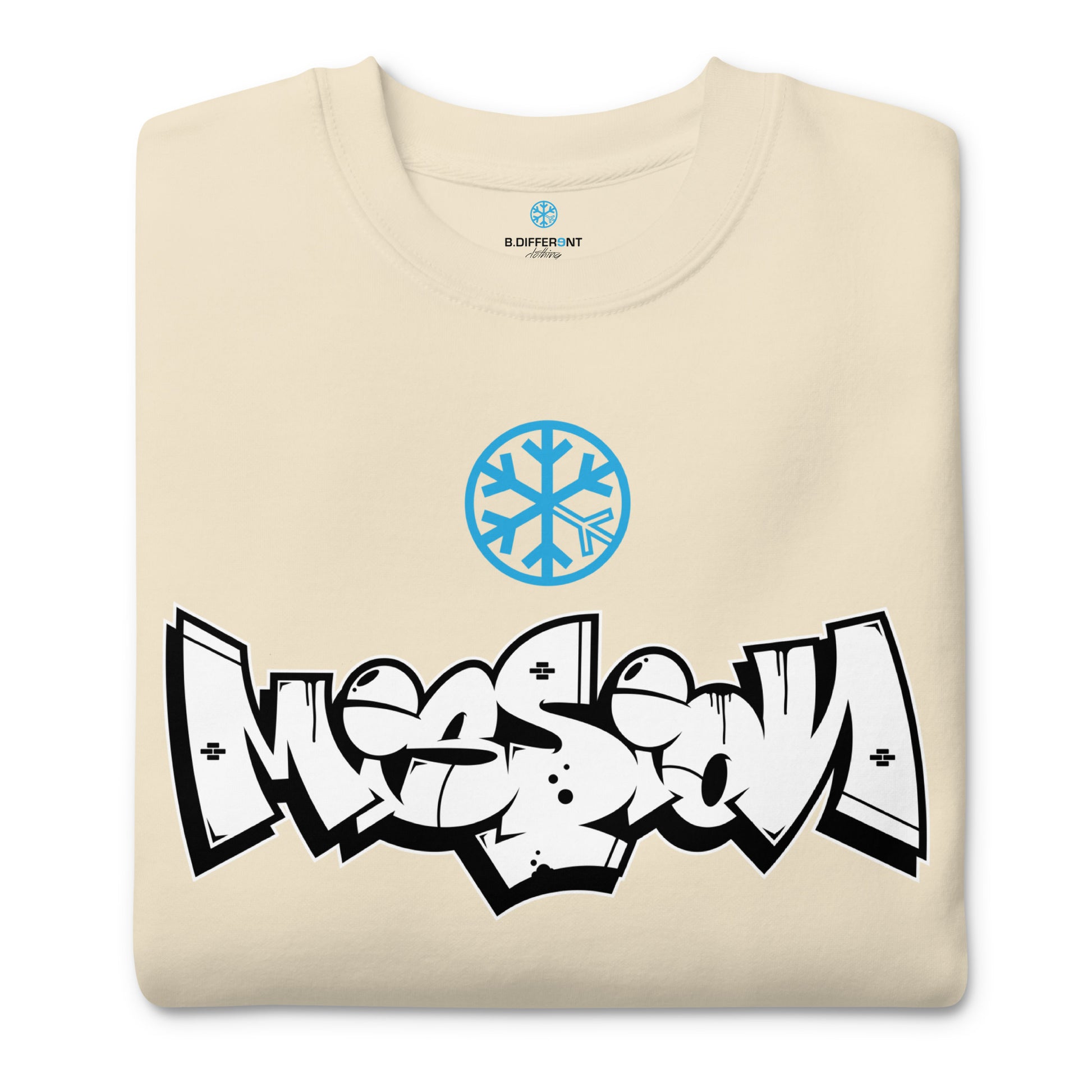 Beige-Mission Graffiti Piece Sweatshirt from B.Different Clothing, folded, graffiti-inspired streetwear