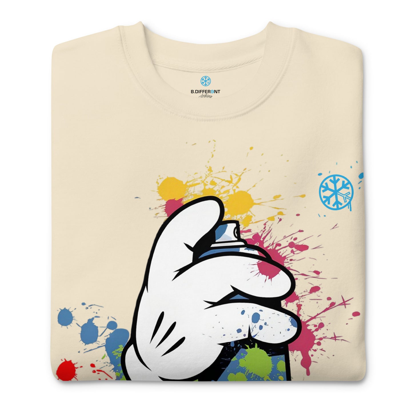 Beige-Hand Spray Can Graffiti Sweatshirt from B.Different Clothing, folded, graffiti-inspired streetwear