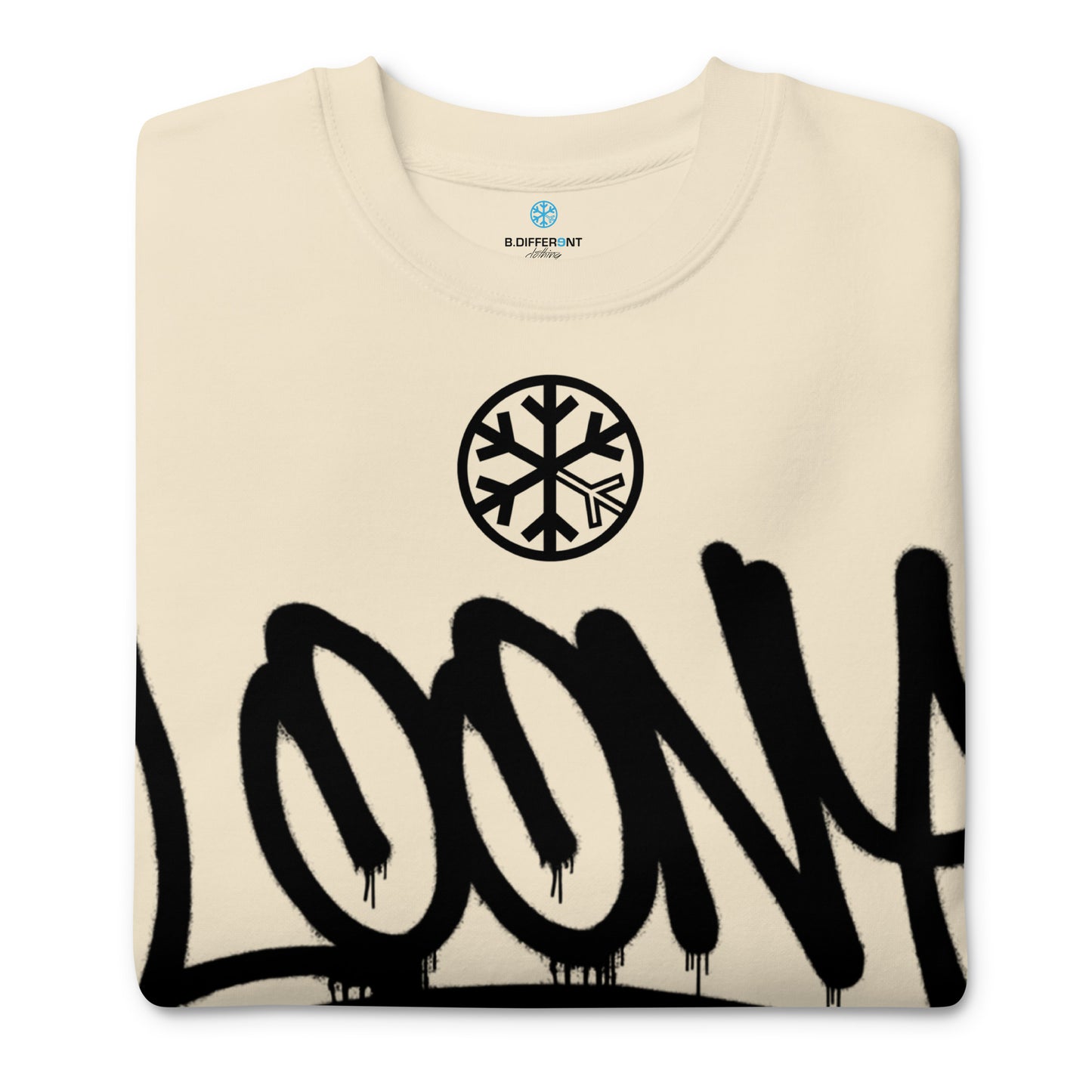 Beige-Loony Graffiti Tag Sweatshirt from B.Different Clothing, folded, graffiti-inspired streetwear