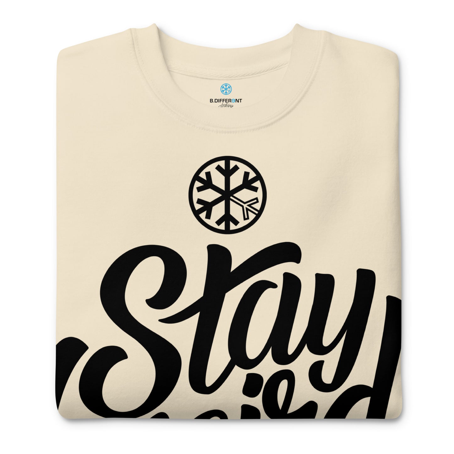 Beige-Stay Weird Sweatshirt from B.Different Clothing, folded, graffiti-inspired streetwear