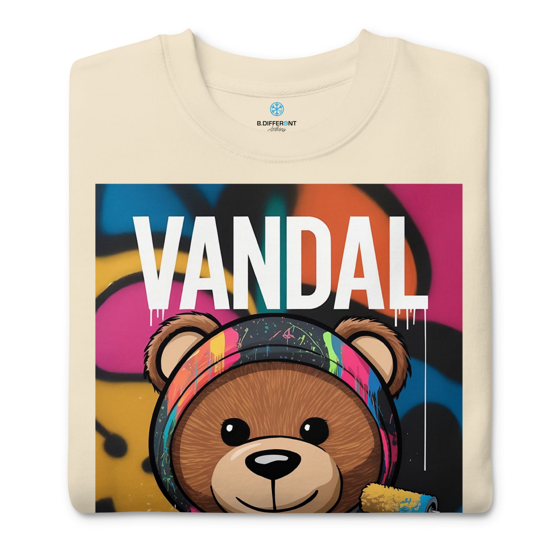 Beige-Vandal Teddy Bear Graffiti Sweatshirt from B.Different Clothing, folded, graffiti-inspired streetwear