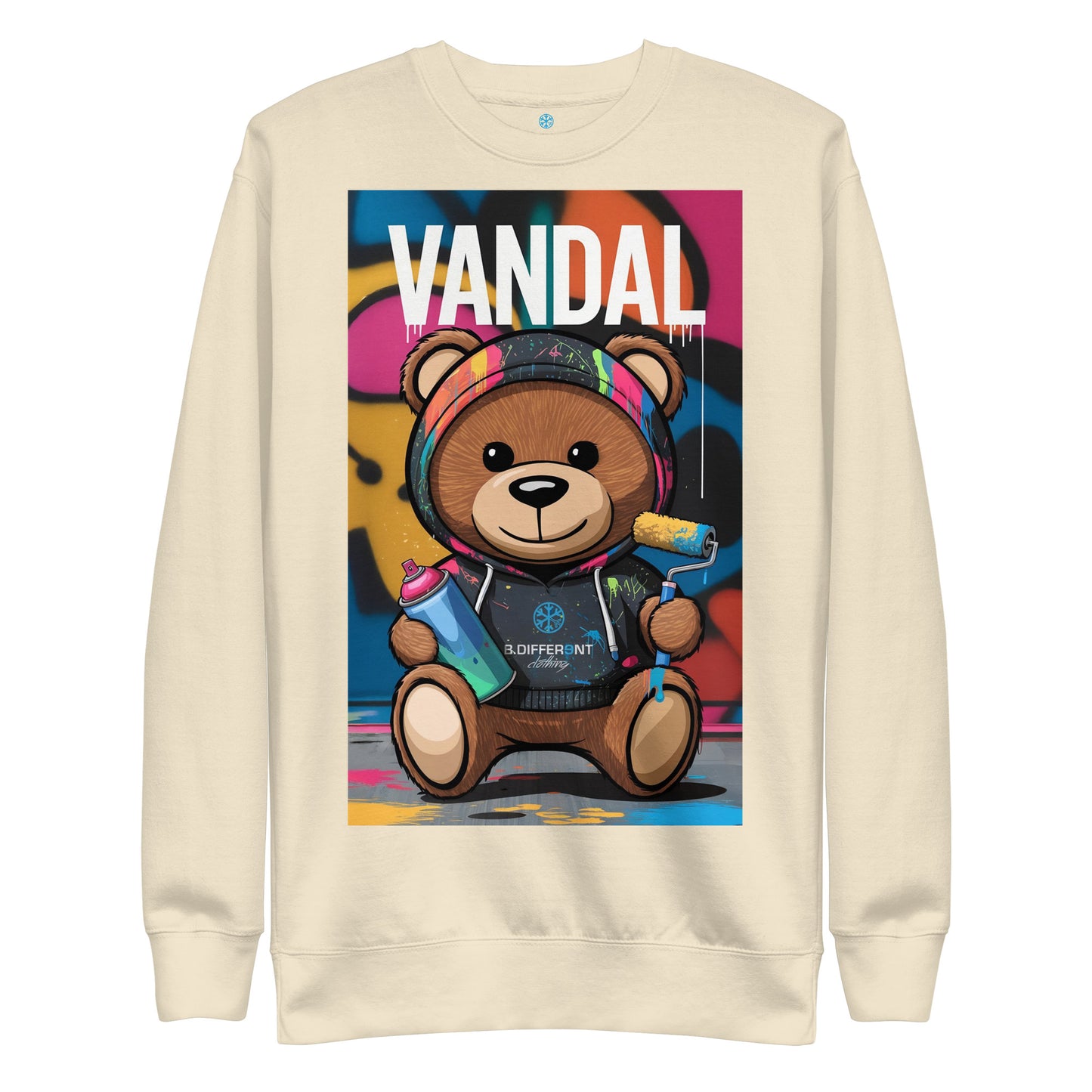 Beige-Vandal Teddy Bear Graffiti Sweatshirt from B.Different Clothing, front view, graffiti-inspired streetwear