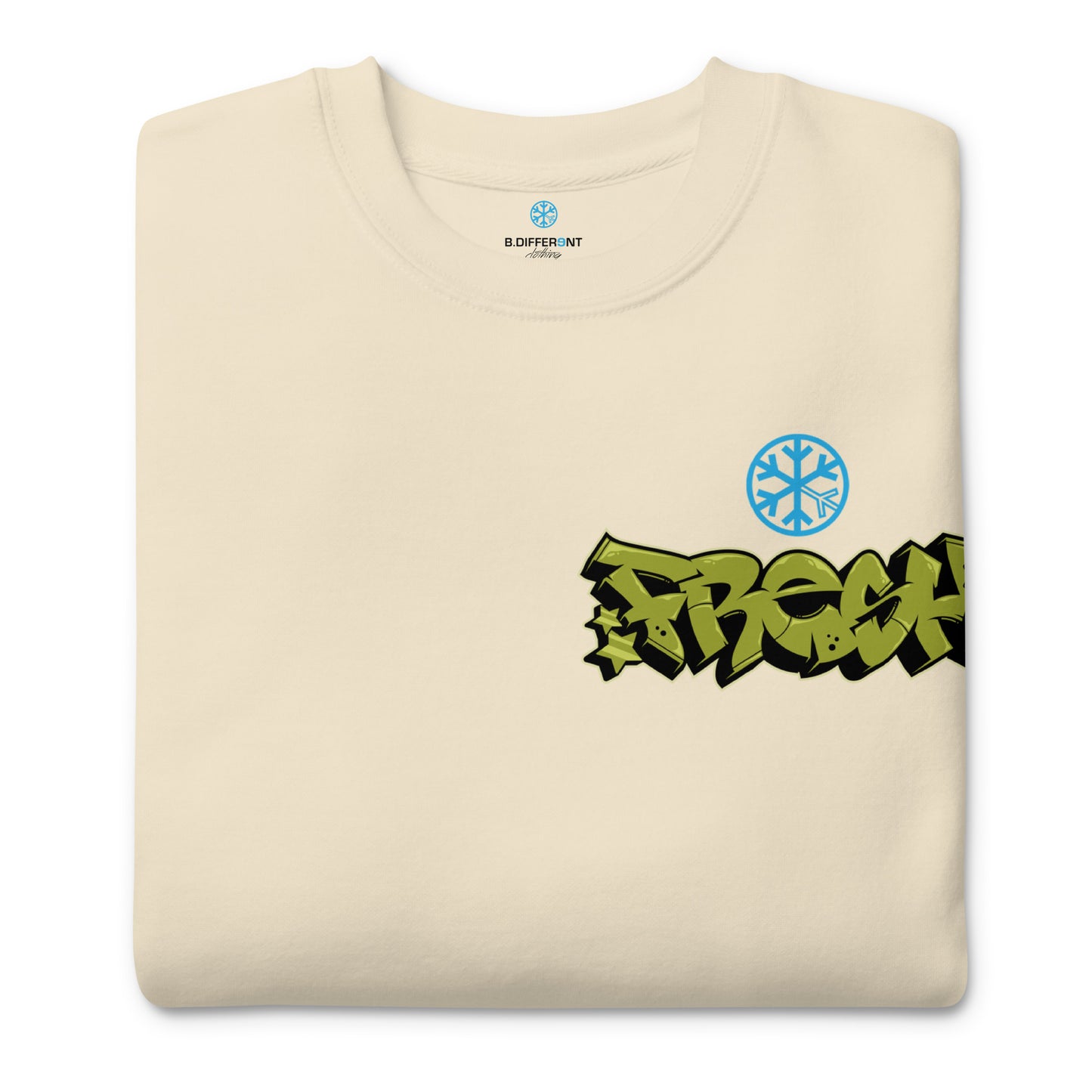 Beige-Fresh Graffiti Character Sweatshirt from B.Different Clothing, folded, graffiti-inspired streetwear