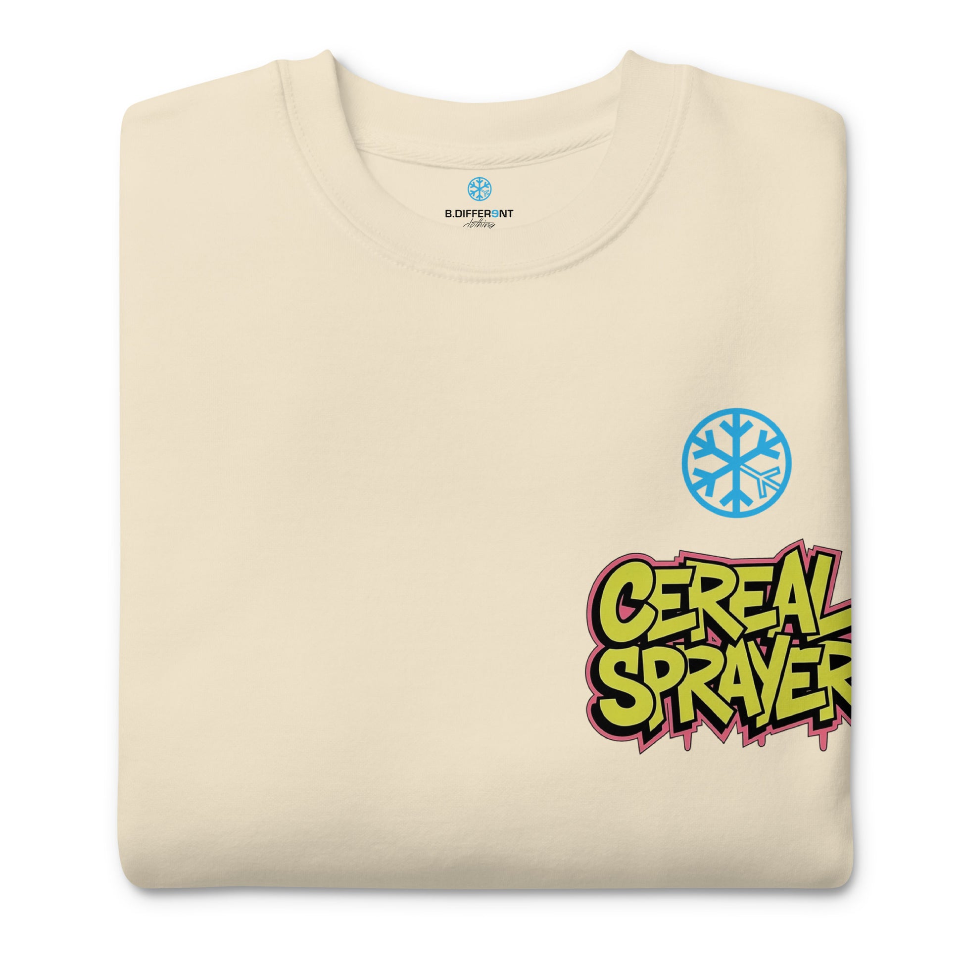 Beige-Cereal Sprayer Graffiti Sweatshirt from B.Different Clothing, folded, graffiti-inspired streetwear