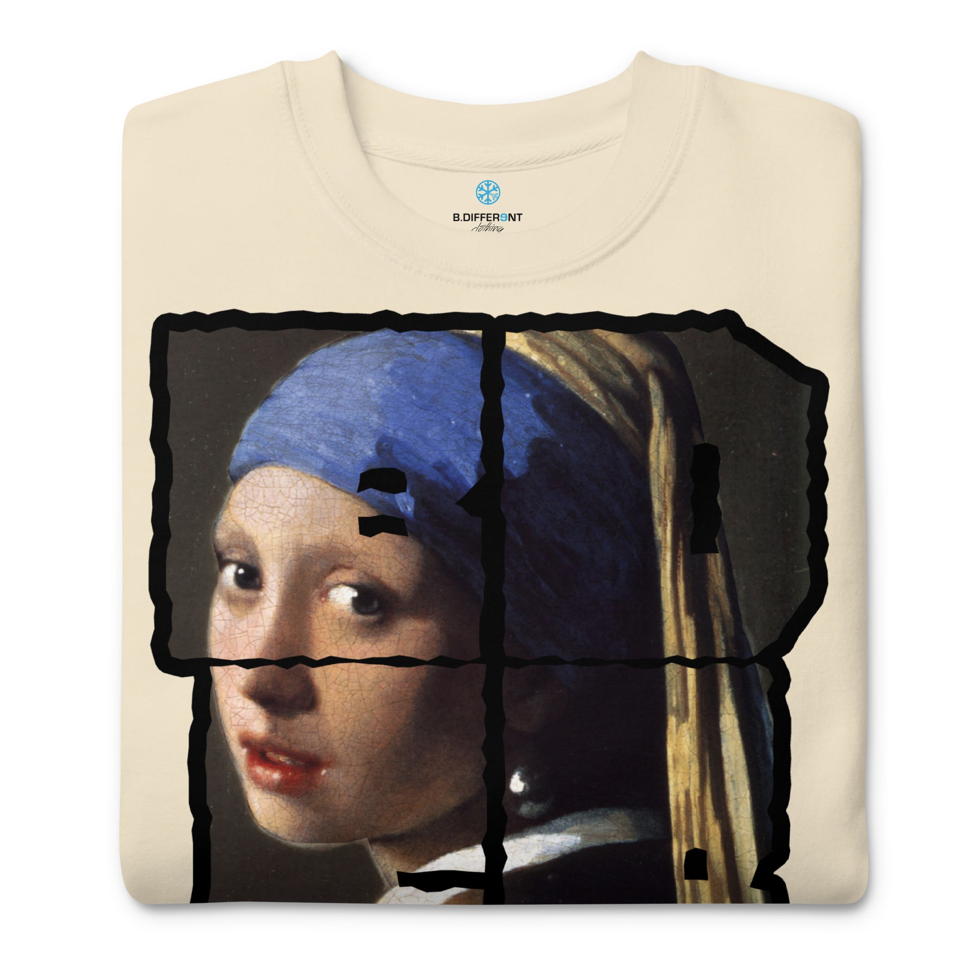 Beige-BDFRNT Throwie x Girl With Pearl Earring Graffiti Sweatshirt from B.Different Clothing, folded, graffiti-inspired streetwear