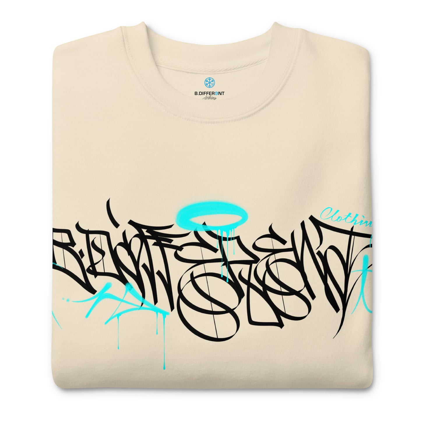 Beige-Caos One Collab Graffiti Sweatshirt from B.Different Clothing, folded, graffiti-inspired streetwear