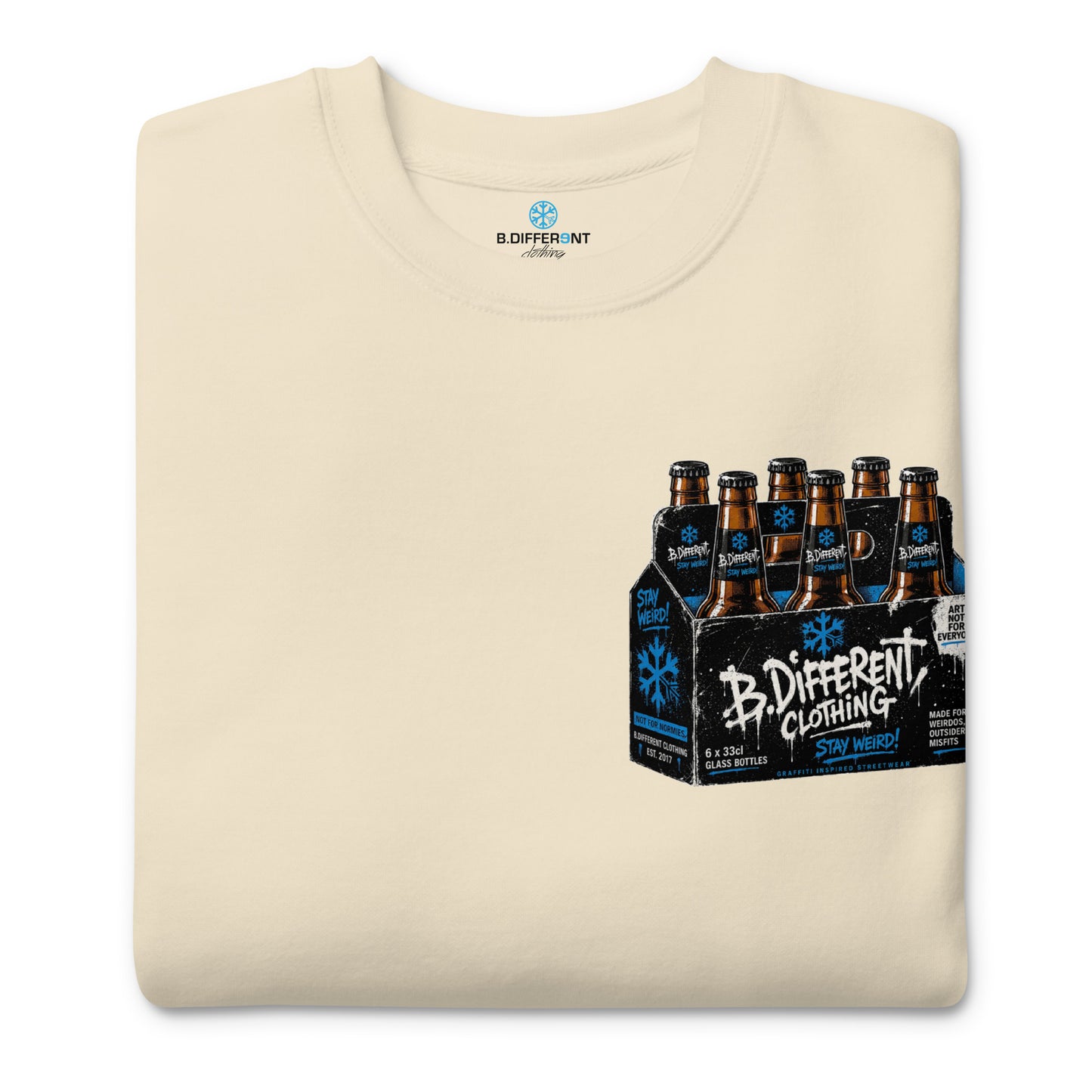 Beige-Six Pack Beer Graffiti Sweatshirt from B.Different Clothing, folded, graffiti-inspired streetwear