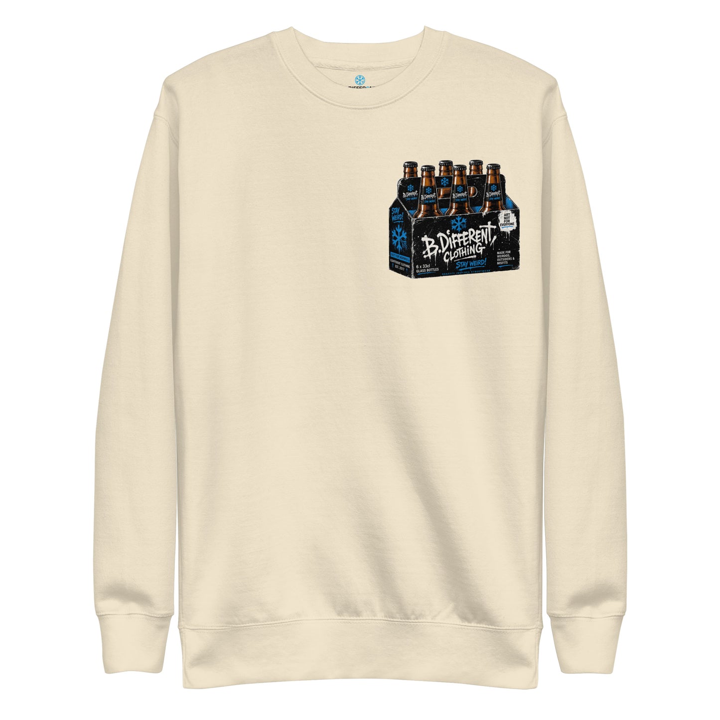 Beige-Six Pack Beer Graffiti Sweatshirt from B.Different Clothing, front view, graffiti-inspired streetwear