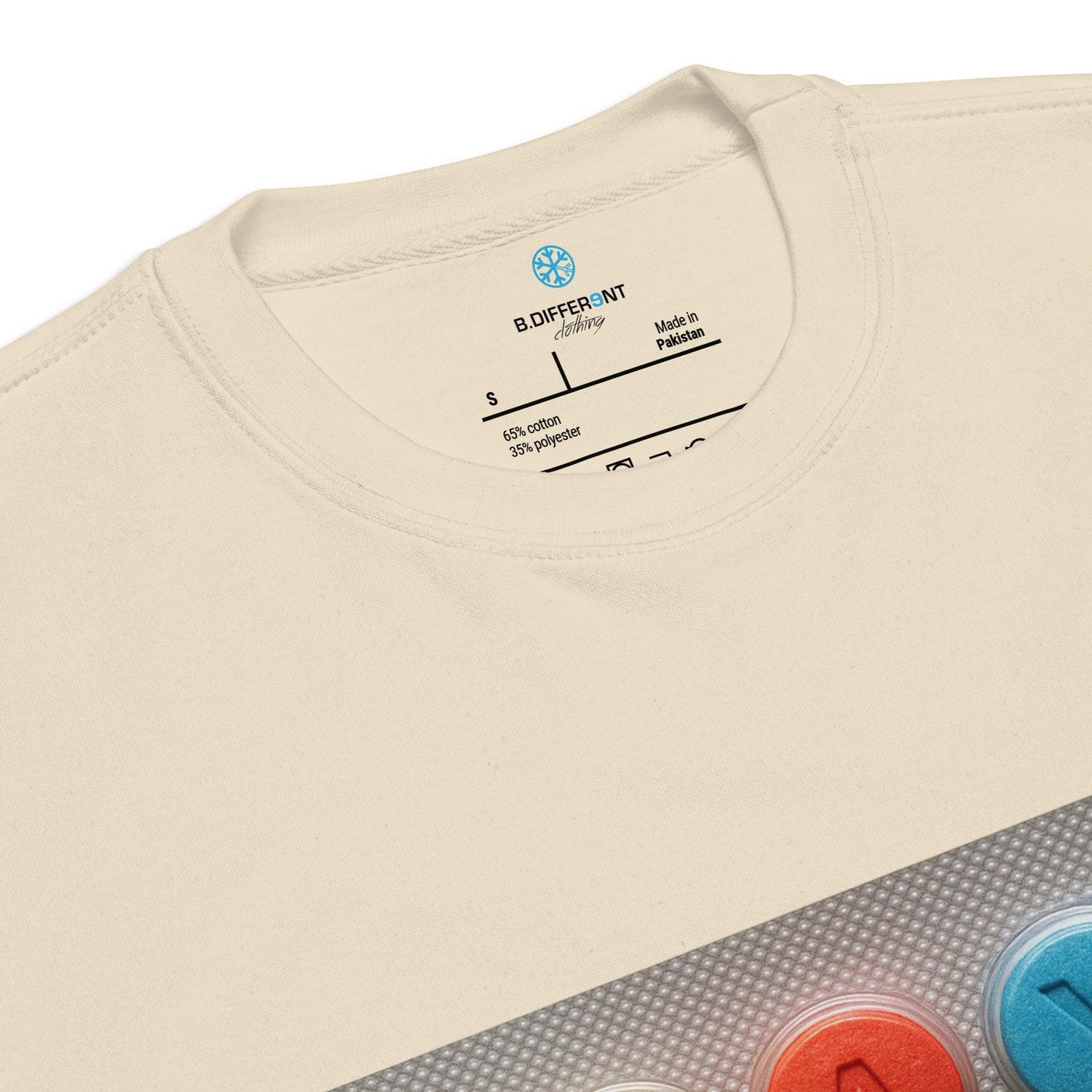 Beige-Stay Weird Pills Sweatshirt from B.Different Clothing, collar, graffiti-inspired streetwear