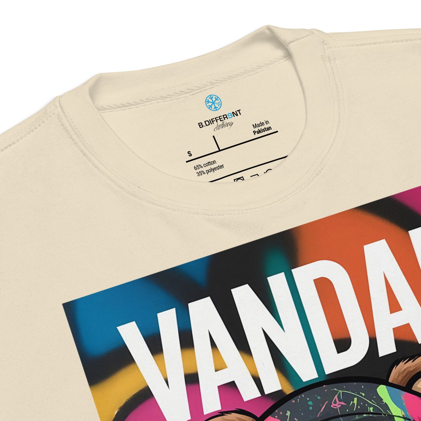 Beige-Vandal Teddy Bear Graffiti Sweatshirt from B.Different Clothing, collar, graffiti-inspired streetwear