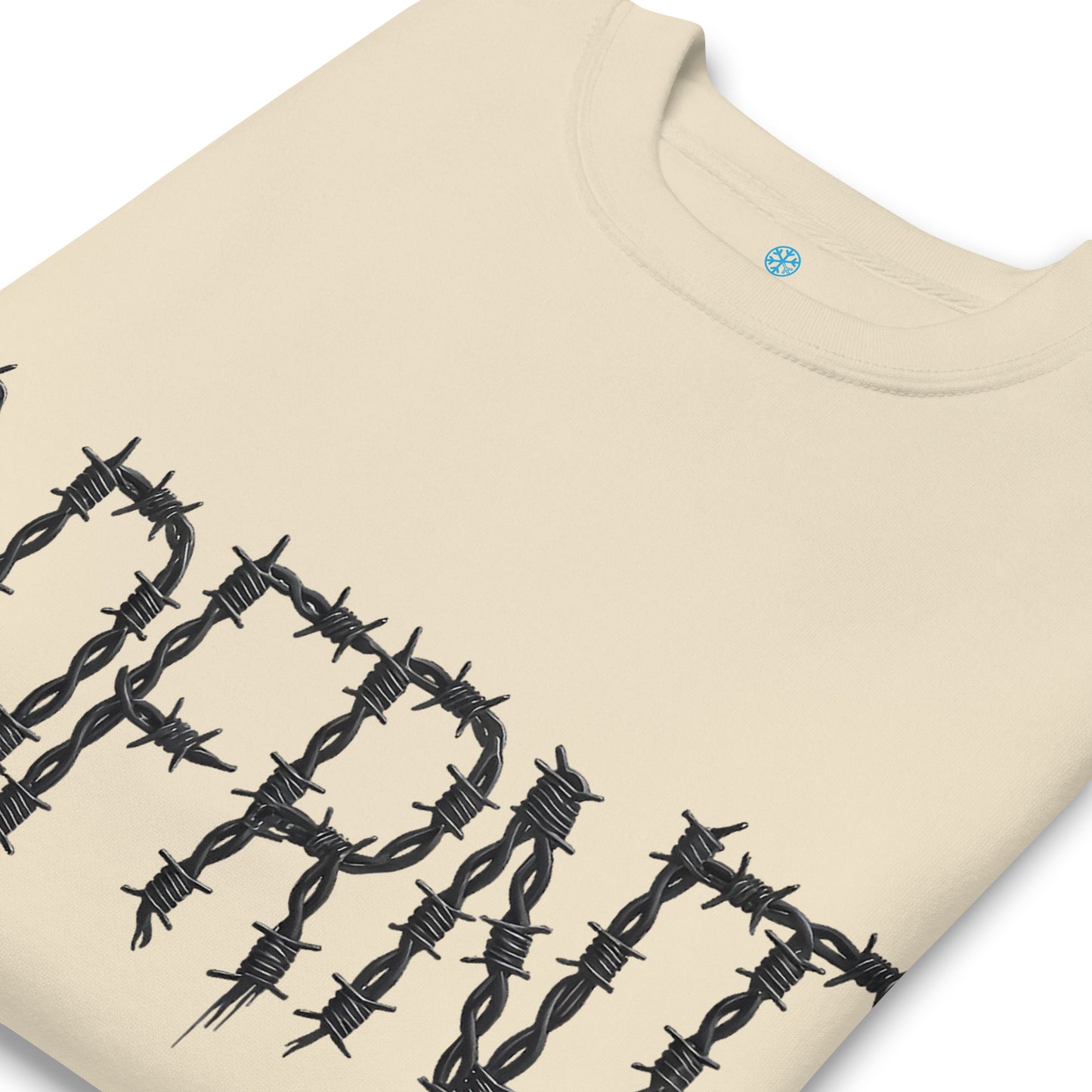Beige-B.DFRNT Barbed Wire Sweatshirt from B.Different Clothing, detail, graffiti-inspired streetwear