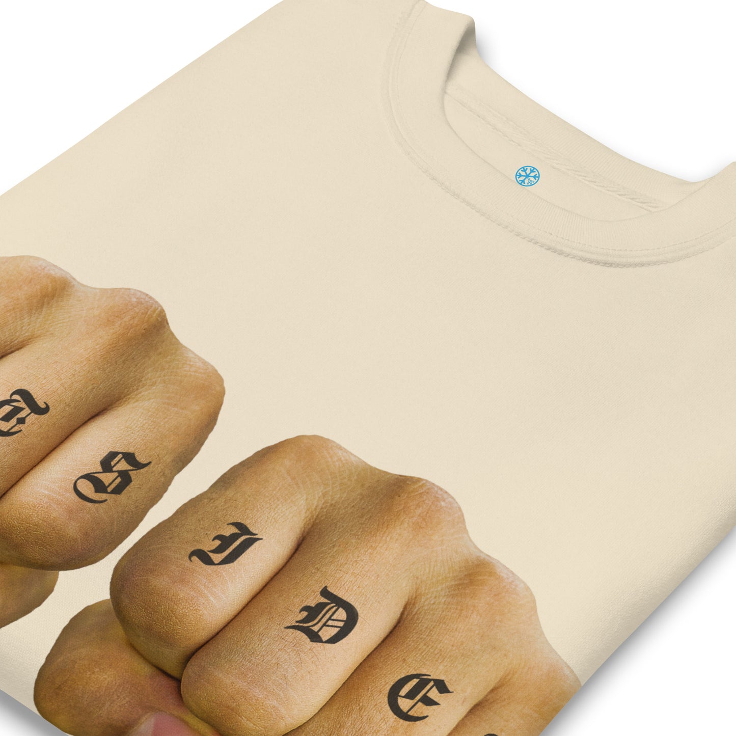 Beige-Outsider Tattoo Sweatshirt from B.Different Clothing, detail, graffiti-inspired streetwear