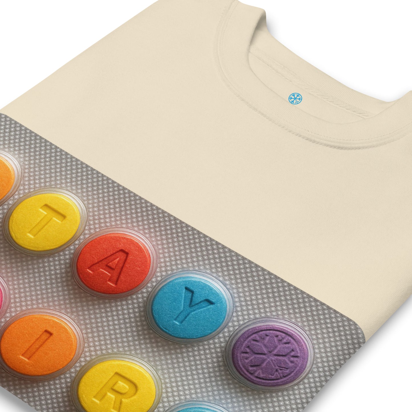 Beige-Stay Weird Pills Sweatshirt from B.Different Clothing, detail, graffiti-inspired streetwear