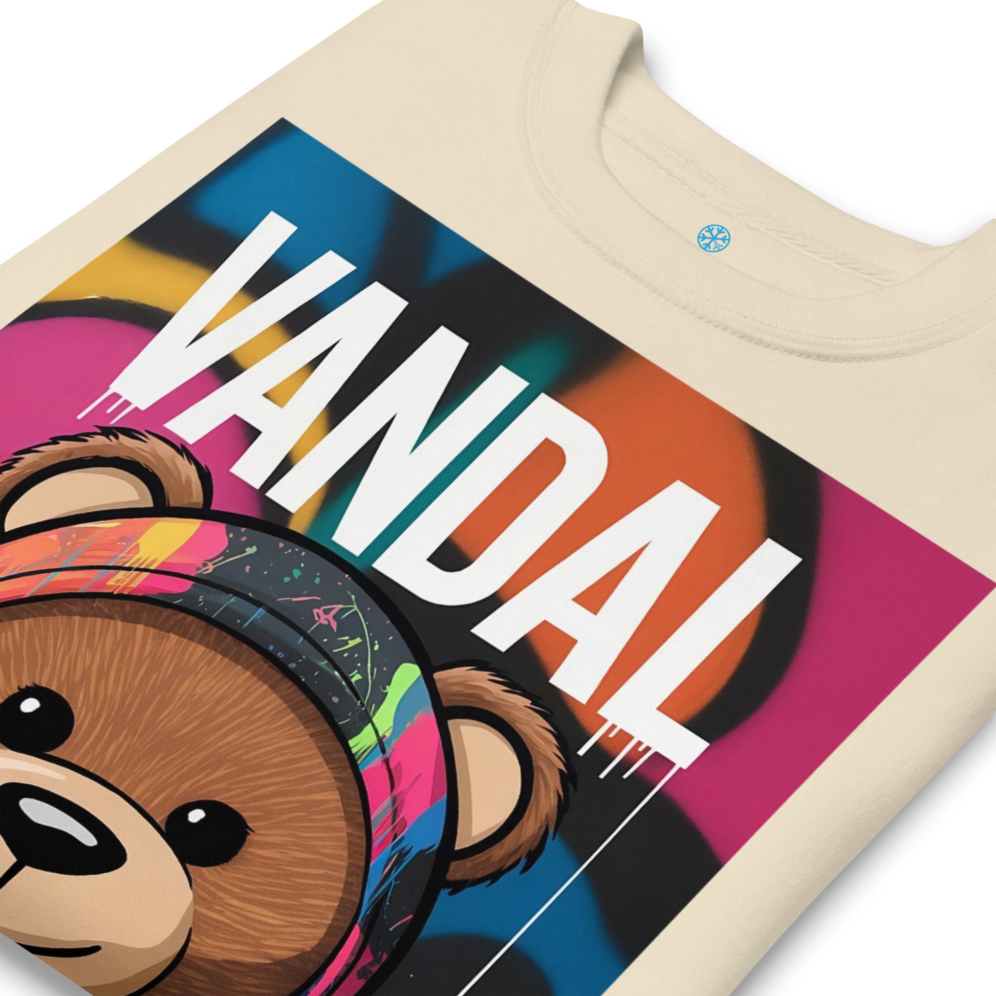 Beige-Vandal Teddy Bear Graffiti Sweatshirt from B.Different Clothing, detail, graffiti-inspired streetwear