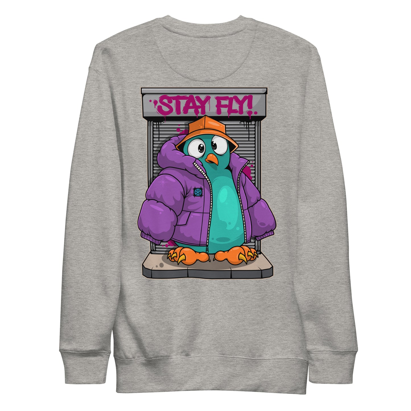 Gray-Stay Fly Graffiti Character Sweatshirt from B.Different Clothing, back view, graffiti-inspired streetwear