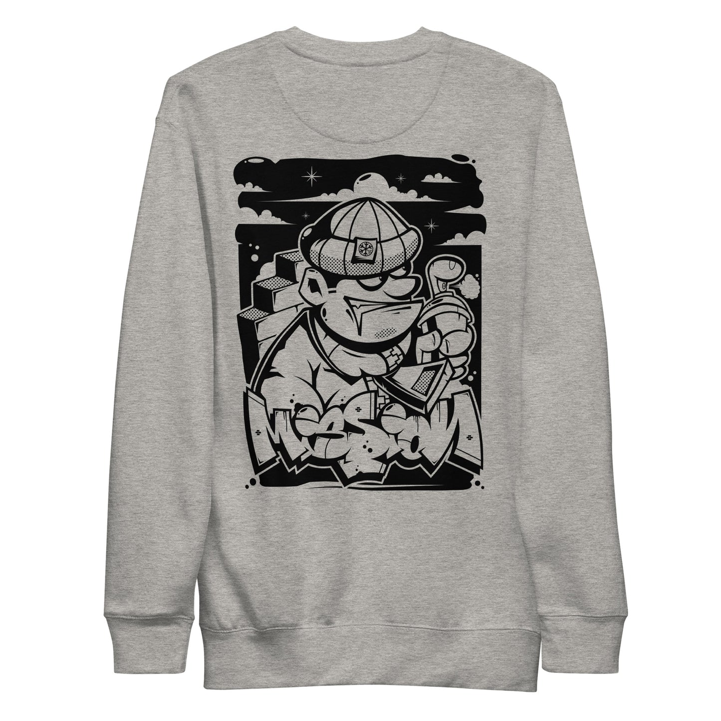 Gray-Mission Graffiti Character Sweatshirt from B.Different Clothing, back view, graffiti-inspired streetwear