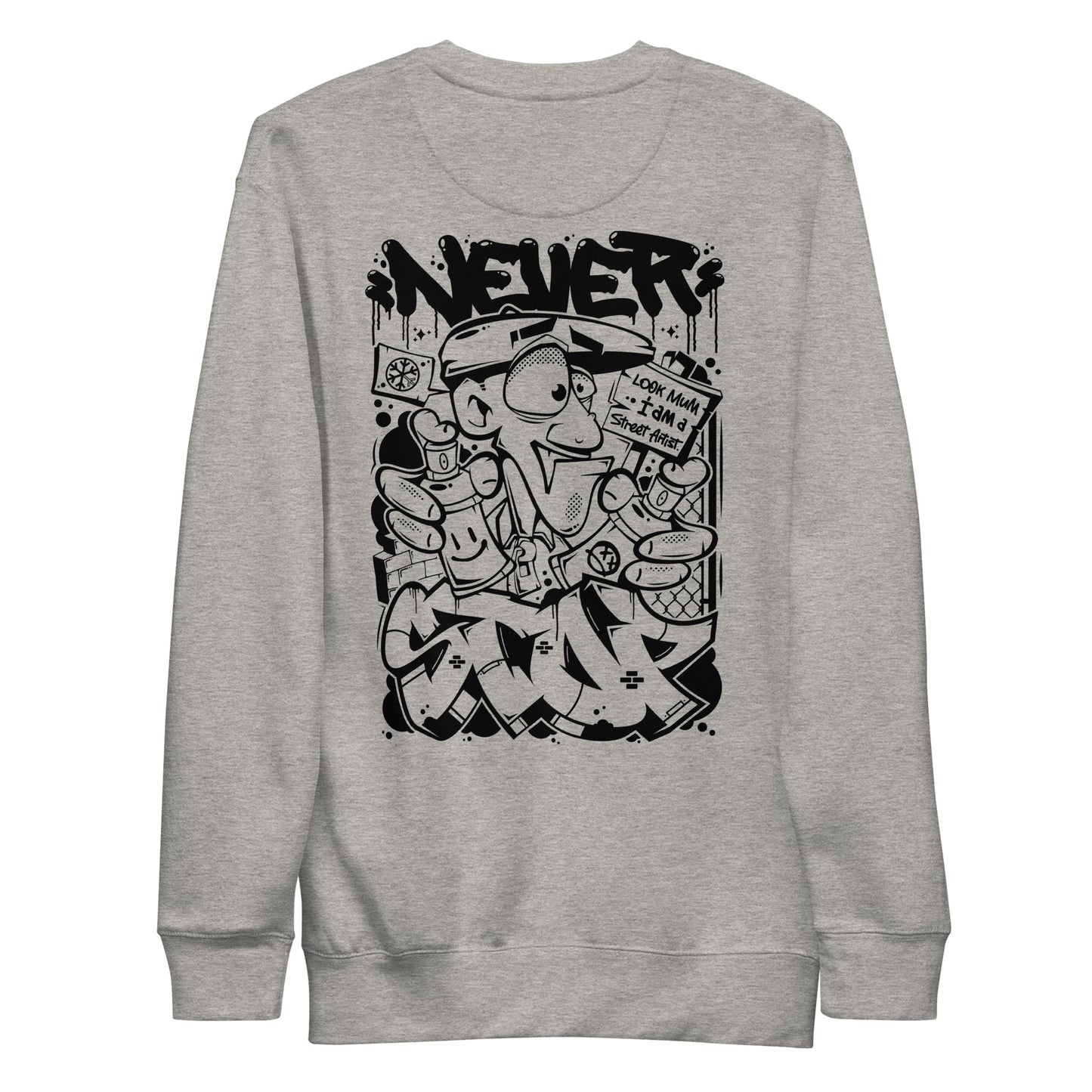 Gray-Never Stop Graffiti Character Sweatshirt from B.Different Clothing, back view, graffiti-inspired streetwear