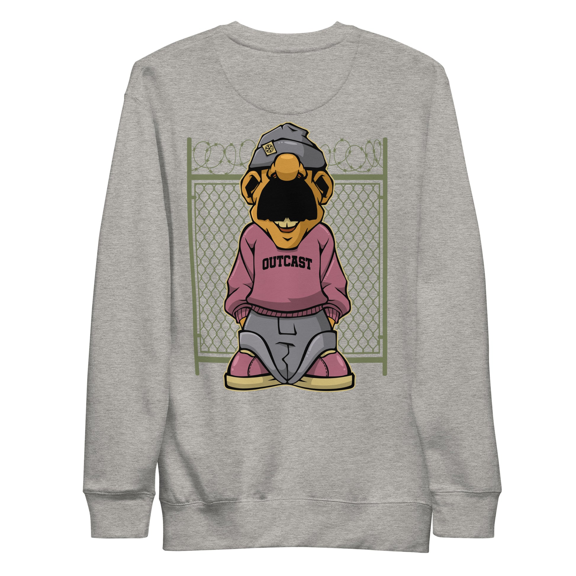 Gray-Outcast Graffiti Character Sweatshirt from B.Different Clothing, back view, graffiti-inspired streetwear