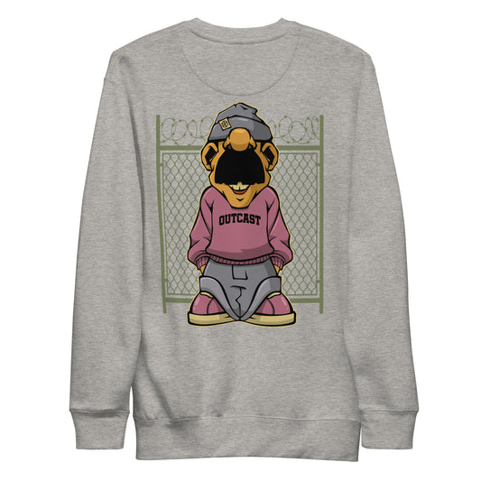 Gray-Outcast Graffiti Character Sweatshirt from B.Different Clothing, back view, graffiti-inspired streetwear