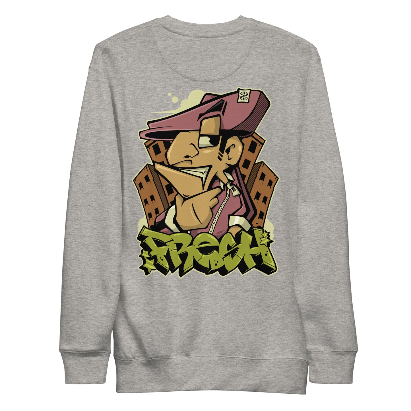 Gray-Fresh Graffiti Character Sweatshirt from B.Different Clothing, back view, graffiti-inspired streetwear