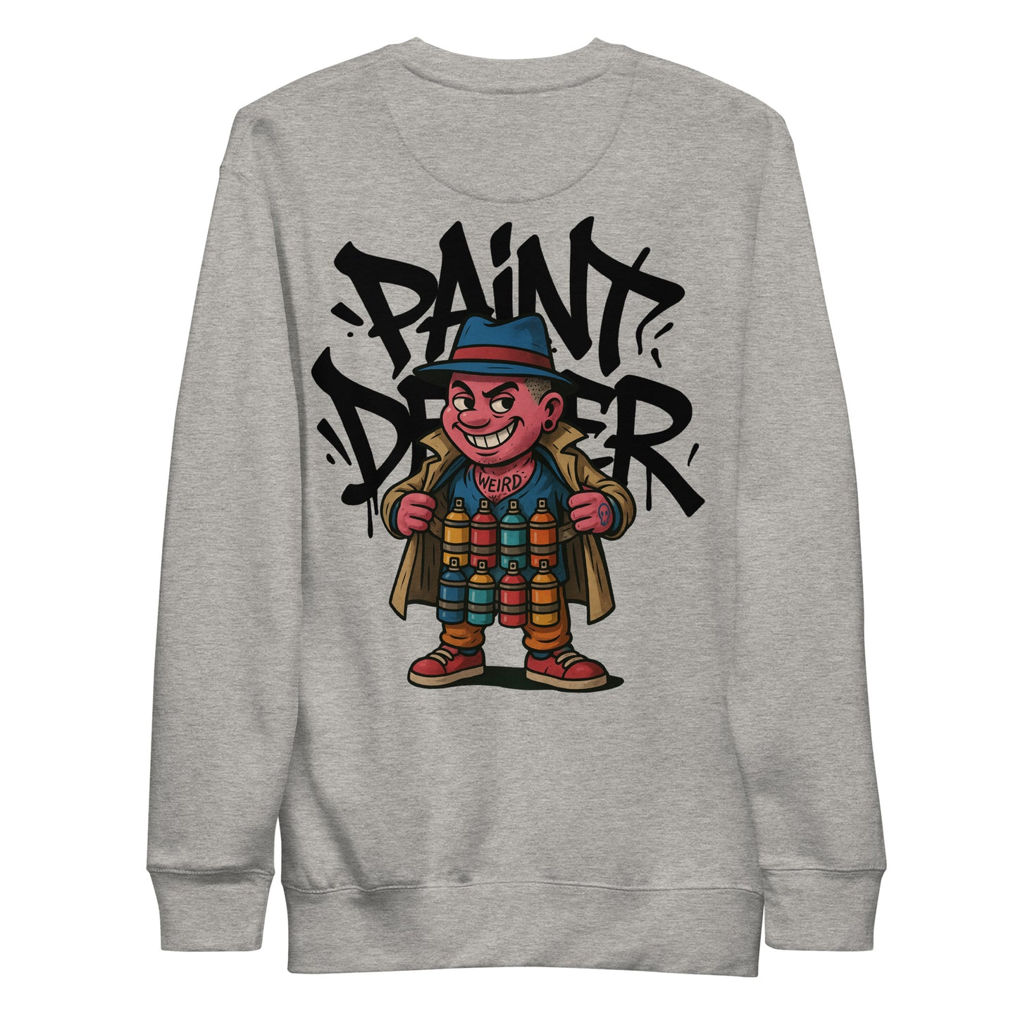 Gray-Paint Dealer Graffiti Character Sweatshirt from B.Different Clothing, back view, graffiti-inspired streetwear