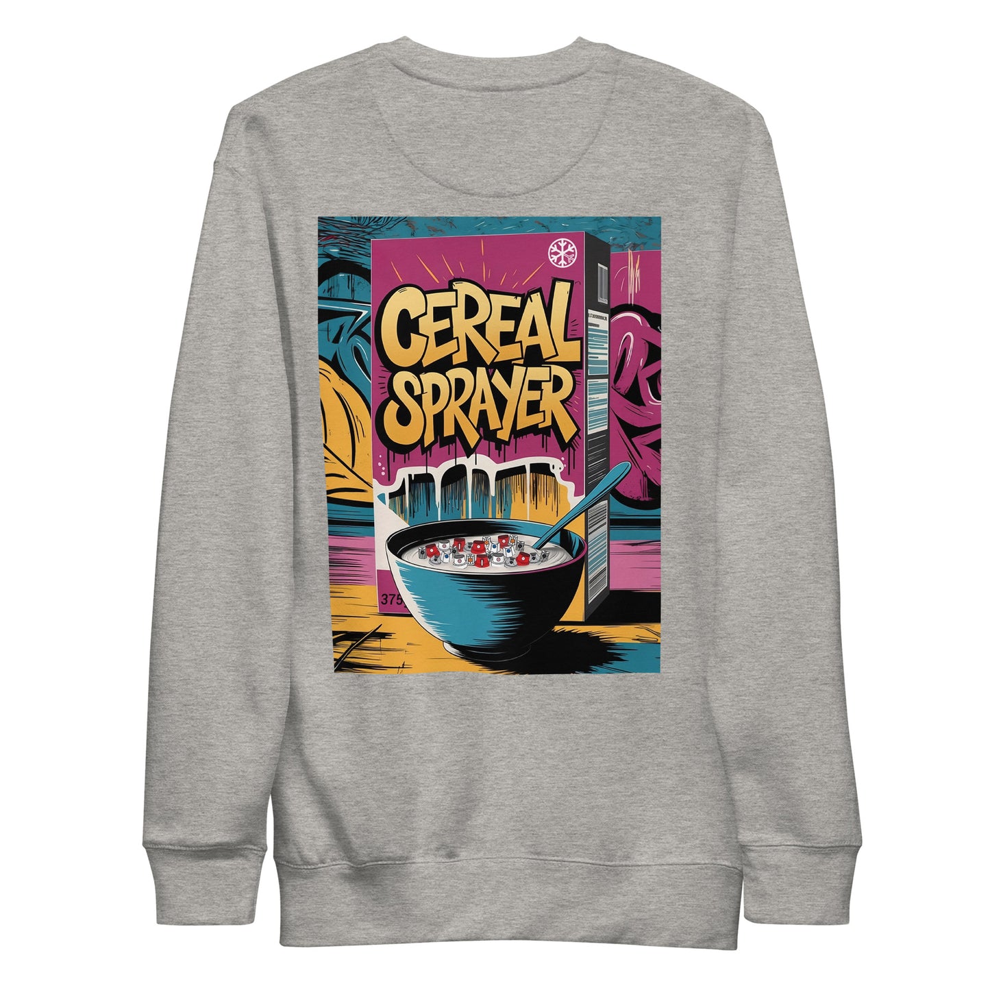 Gray-Cereal Sprayer Graffiti Sweatshirt from B.Different Clothing, back view, graffiti-inspired streetwear