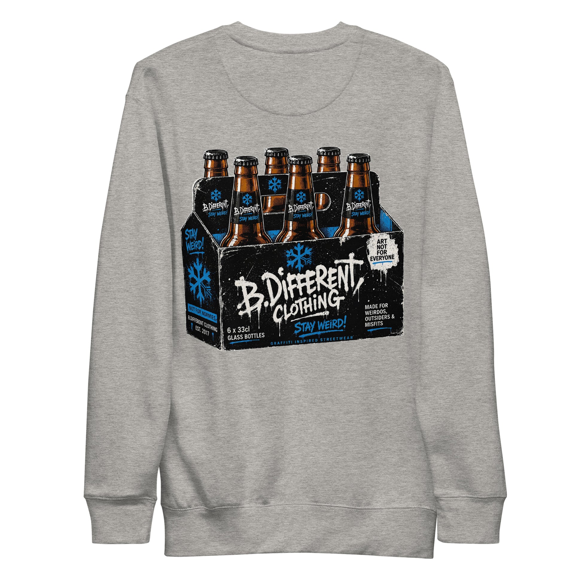 Gray-Six Pack Beer Graffiti Sweatshirt from B.Different Clothing, back view, graffiti-inspired streetwear