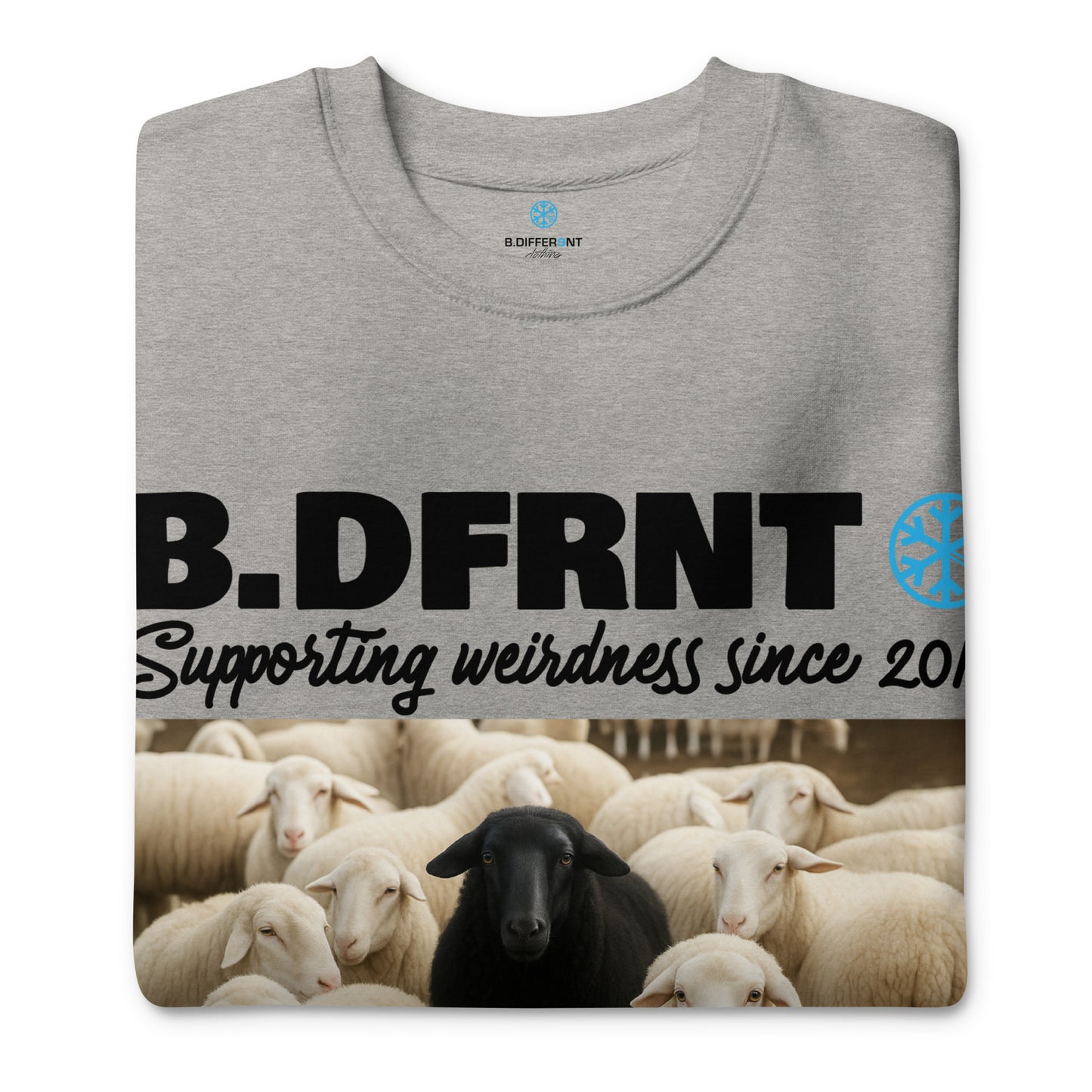 Gray-Black Sheep Sweatshirt from B.Different Clothing, folded, graffiti-inspired streetwear