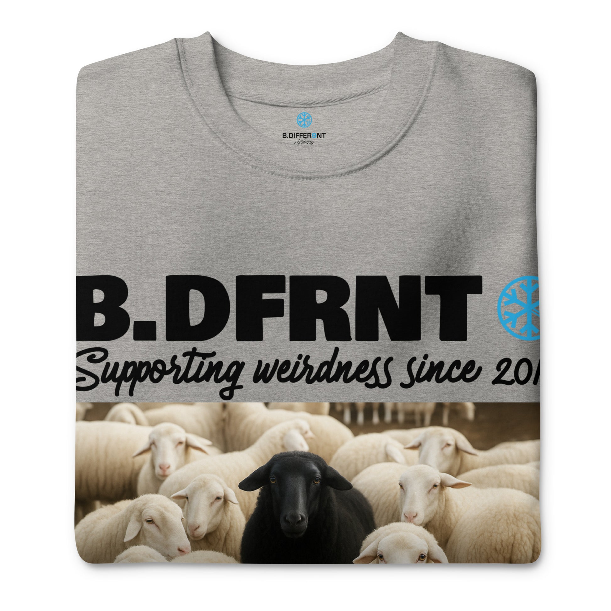 Gray-Black Sheep Sweatshirt from B.Different Clothing, folded, graffiti-inspired streetwear