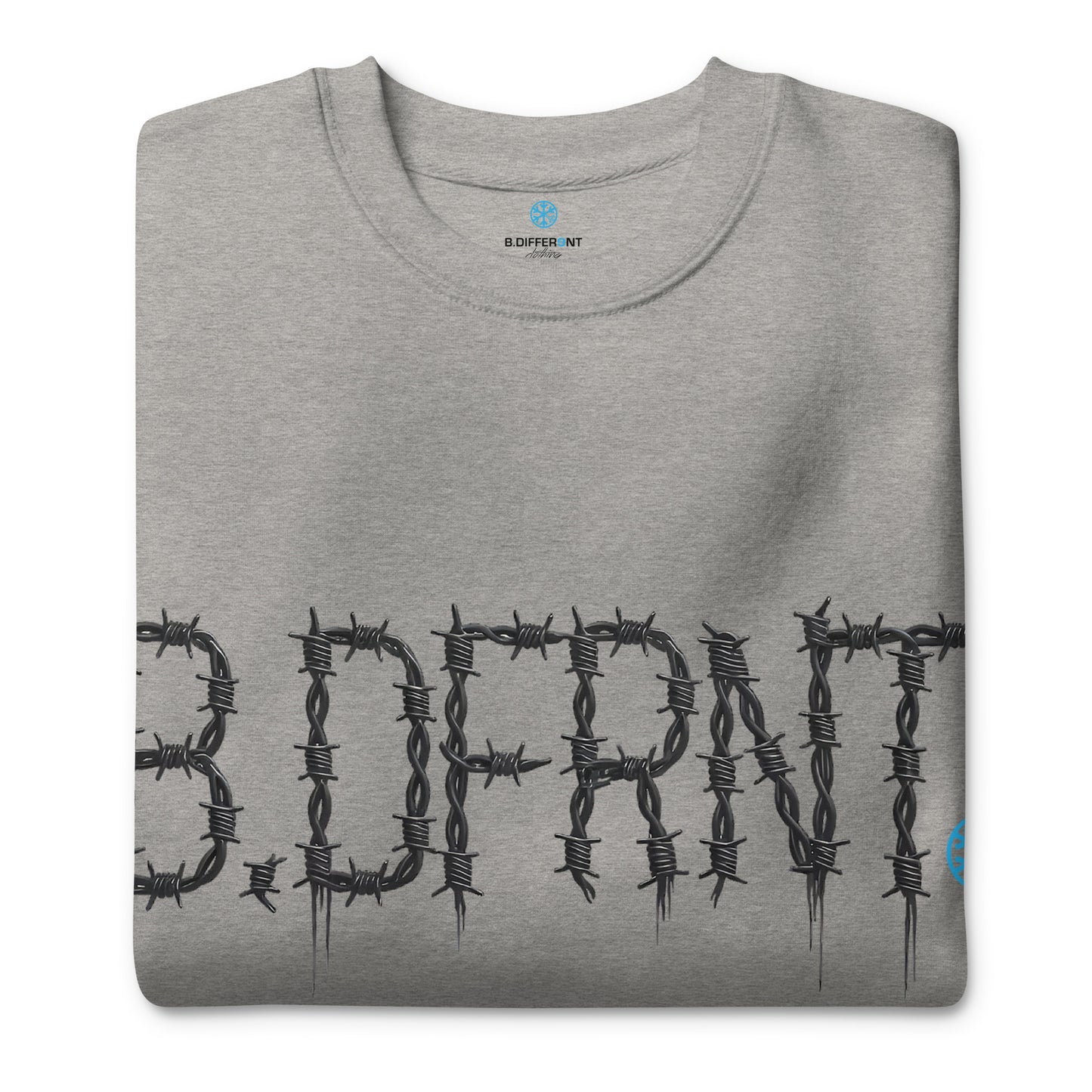 Gray-B.DFRNT Barbed Wire Sweatshirt from B.Different Clothing, folded, graffiti-inspired streetwear