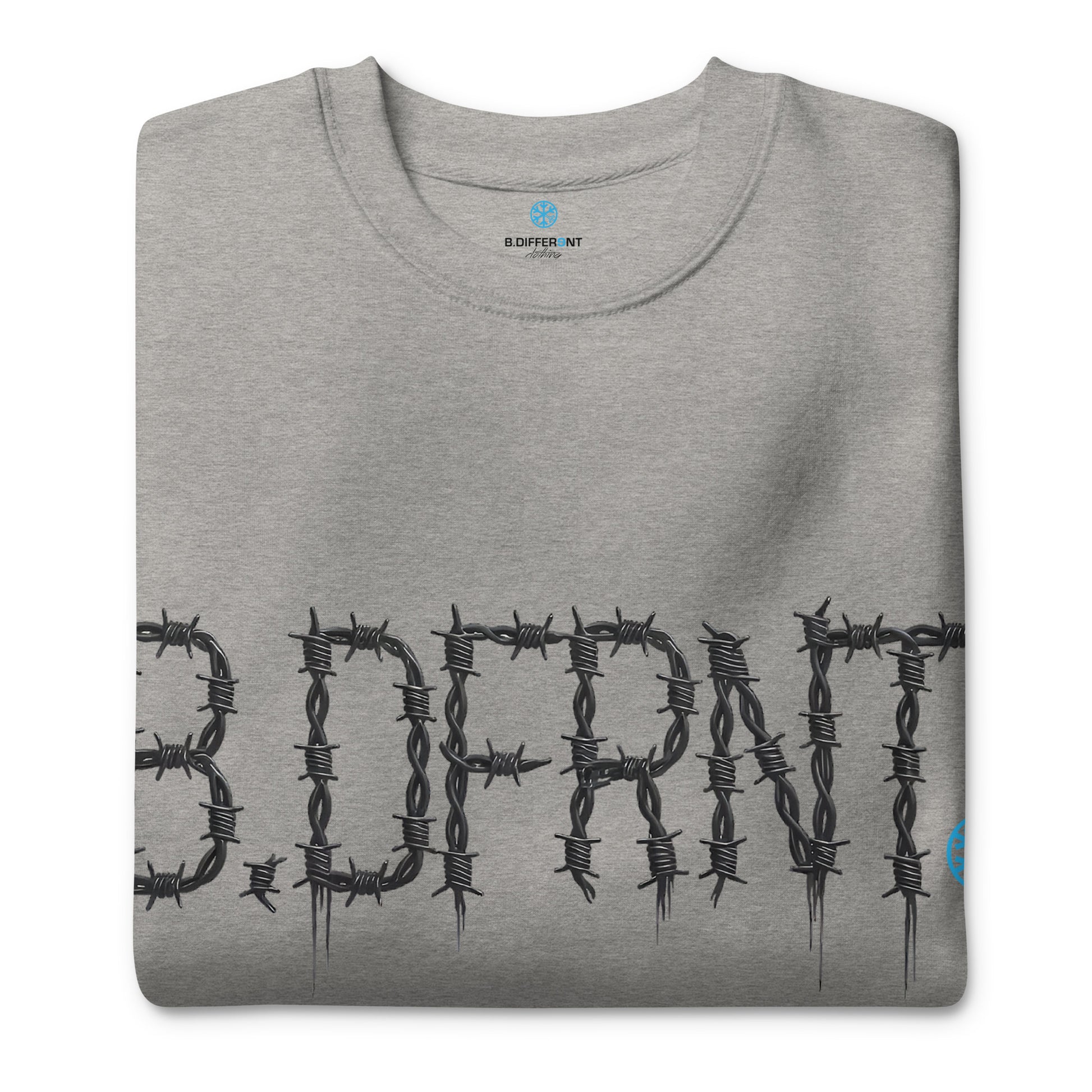 Gray-B.DFRNT Barbed Wire Sweatshirt from B.Different Clothing, folded, graffiti-inspired streetwear