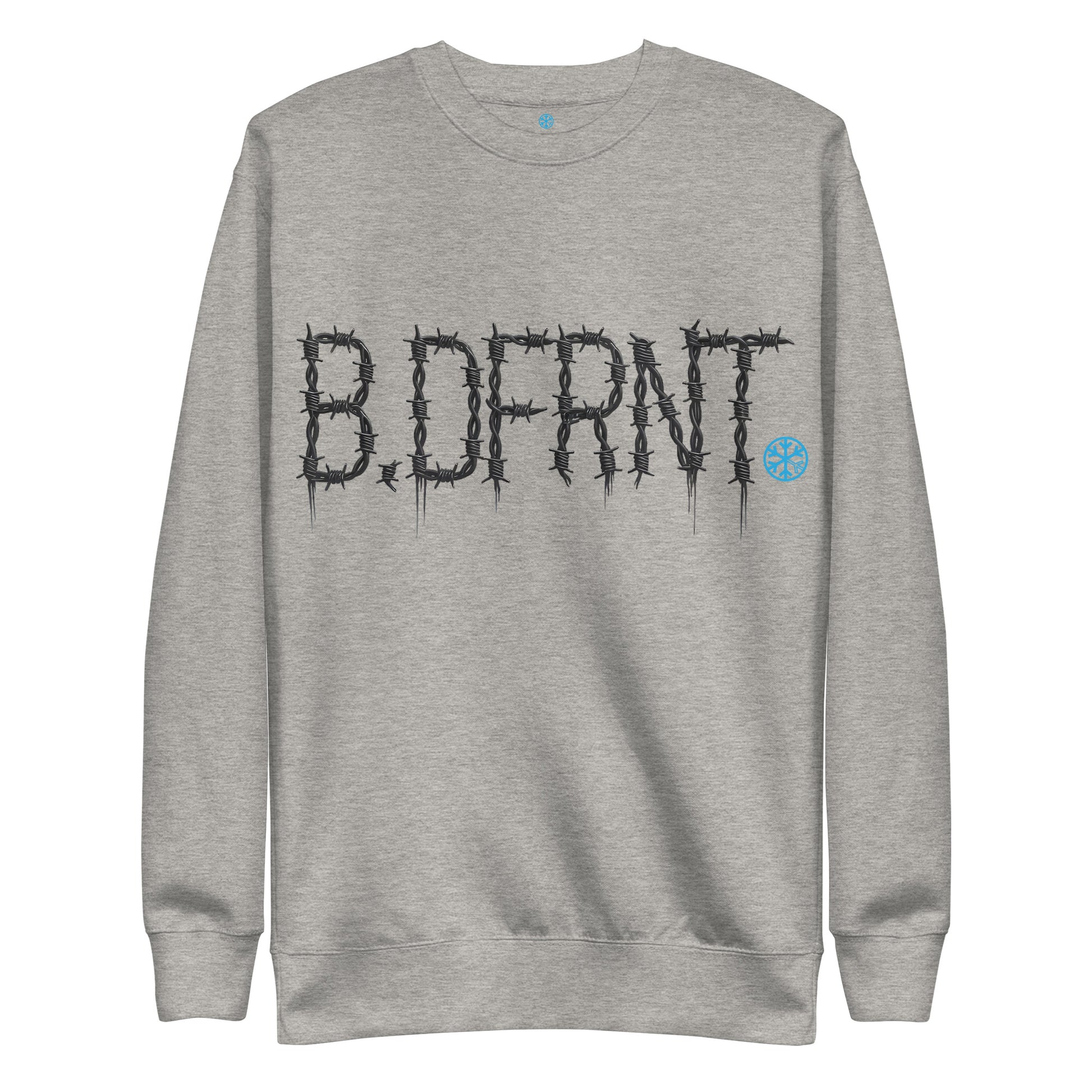 Gray-B.DFRNT Barbed Wire Sweatshirt from B.Different Clothing, front view, graffiti-inspired streetwear