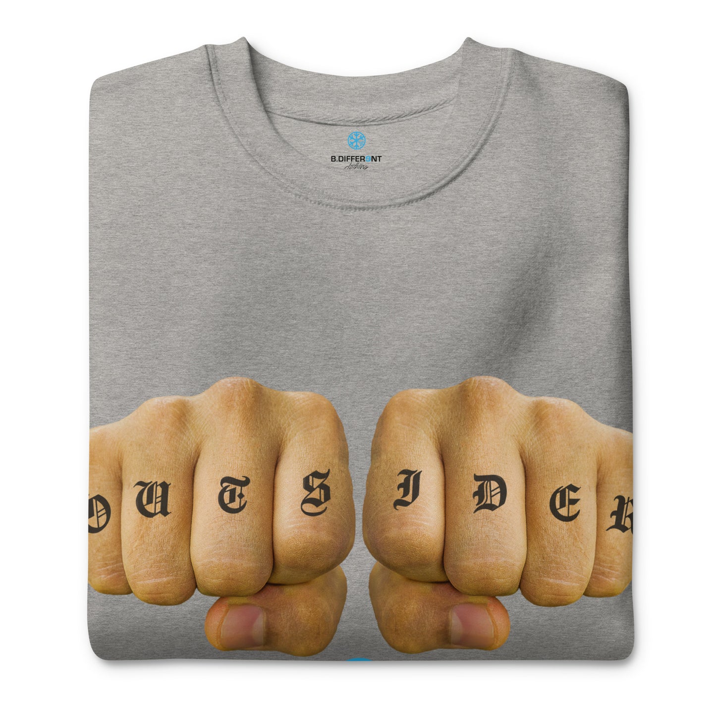 Gray-Outsider Tattoo Sweatshirt from B.Different Clothing, folded, graffiti-inspired streetwear