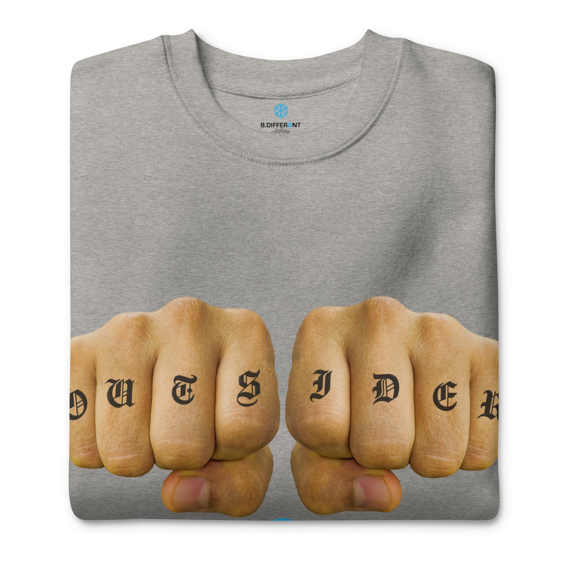 Gray-Outsider Tattoo Sweatshirt from B.Different Clothing, folded, graffiti-inspired streetwear