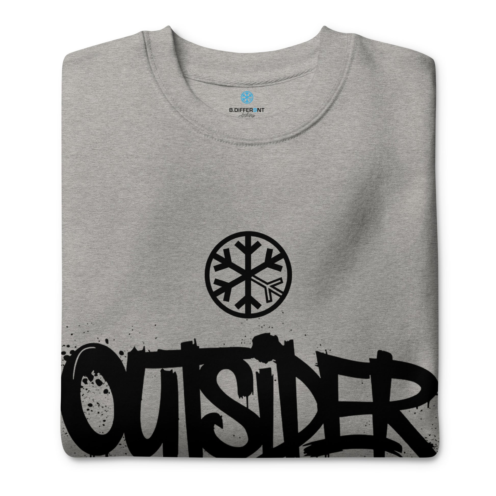Gray-Outsider Graffiti Tag Sweatshirt from B.Different Clothing, folded, graffiti-inspired streetwear