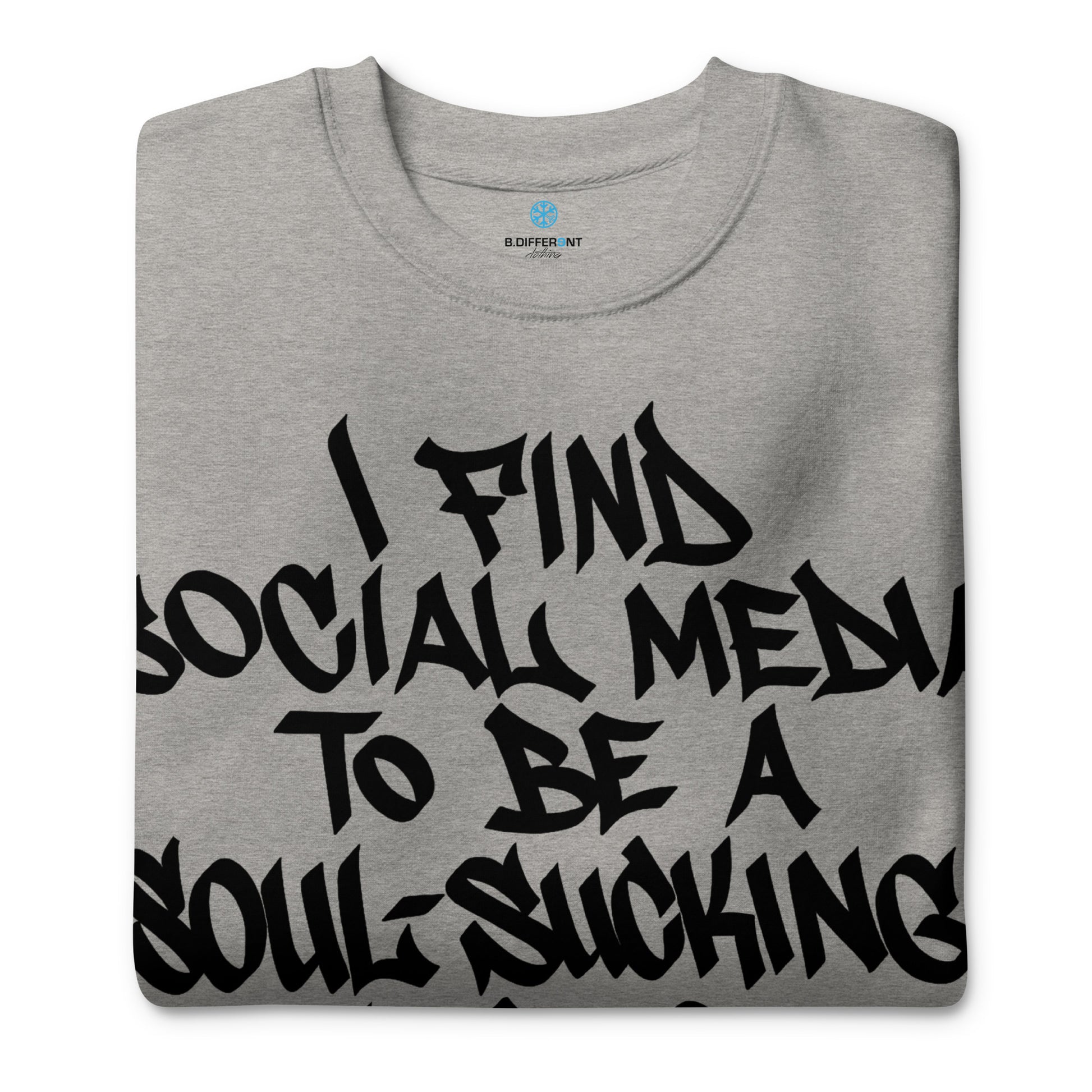 Gray-Social Media Graffiti Tag Sweatshirt from B.Different Clothing, folded, graffiti-inspired streetwear